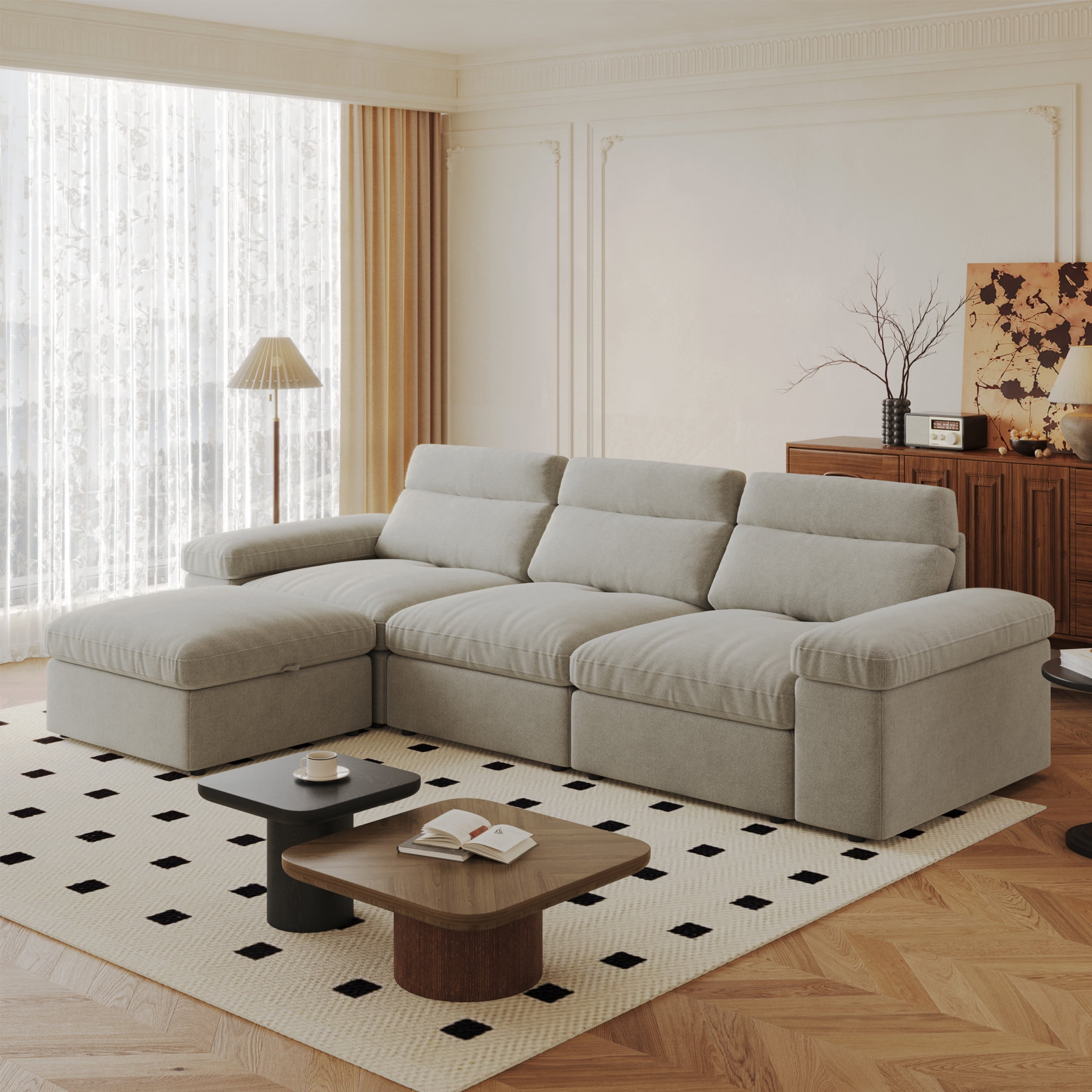 Noble House 114" Cotton Linen Sectional Sofa with Ottoman, Adjustable Backrest and Storage, Down-Filled, Gray