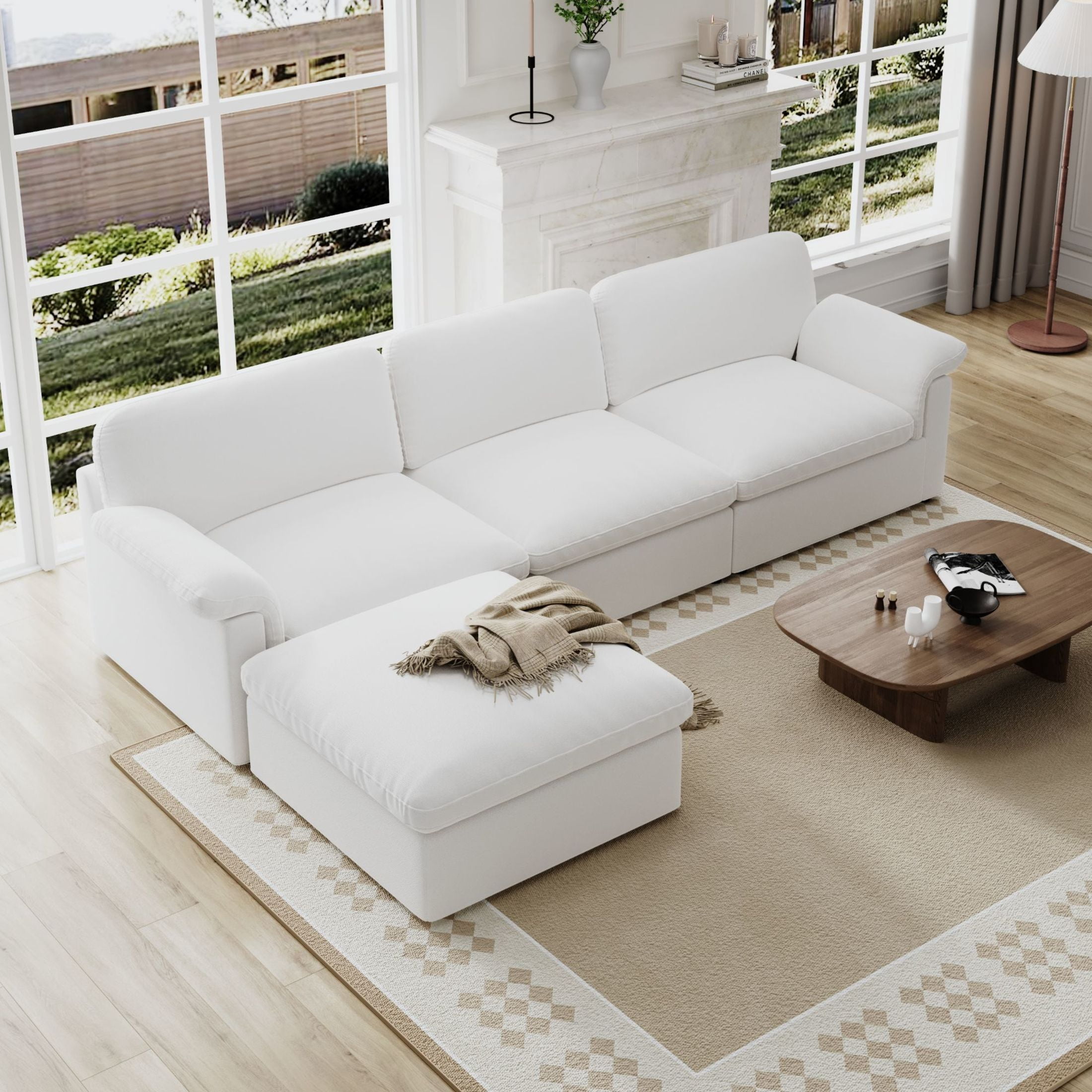 Noble House 115" Minimalist Sectional Sofa, Ottoman with Storage, Down-Filled Cushions, Chenille Fabric, White