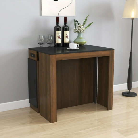 Noble House 118" Extendable Dining Table, Console-to-Table with Outlet, 5 Leaves & Panel Storage, Walnut + Black