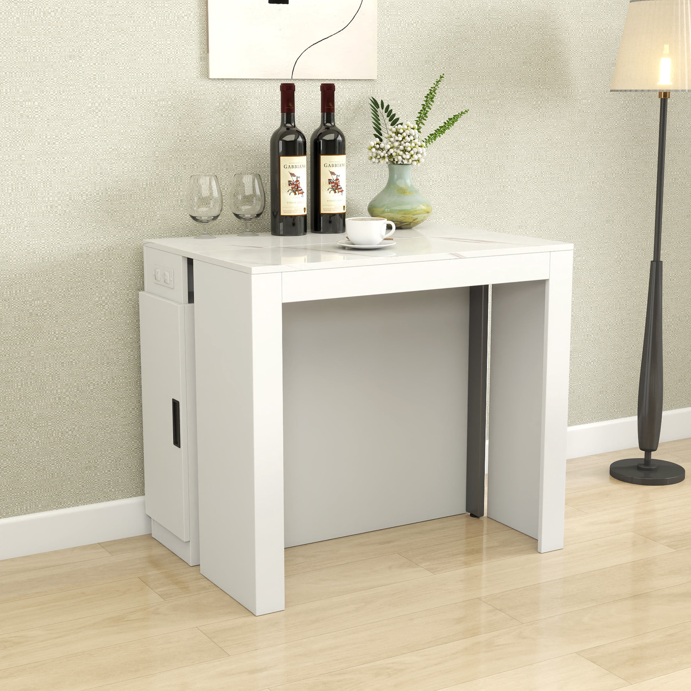 Noble House 118" Extendable Dining Table, Console-to-Table with Outlet, 5 Leaves & Panel Storage, White