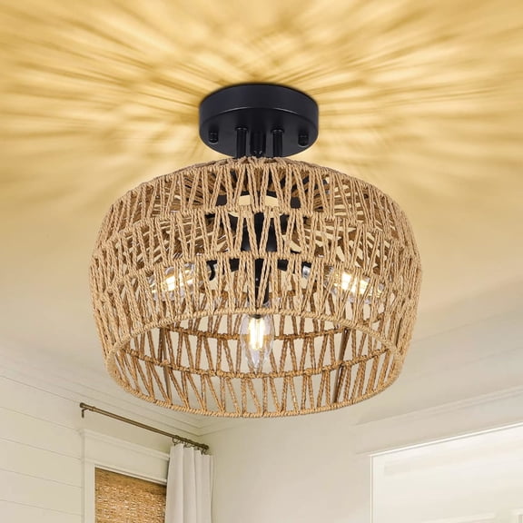 Noble House 12.6" Boho Rattan Semi Flush Ceiling Light, Natural 3-Light Wicker Close to Ceiling Fixture, Brown