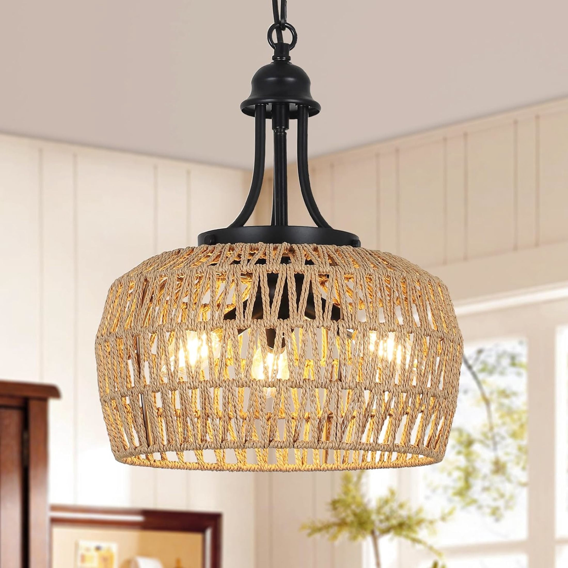 Noble House 12.6" Modern 3-Light Rattan Chandelier, Boho Farmhouse Pendant, E12 Dimmable, Adjustable Height, Black