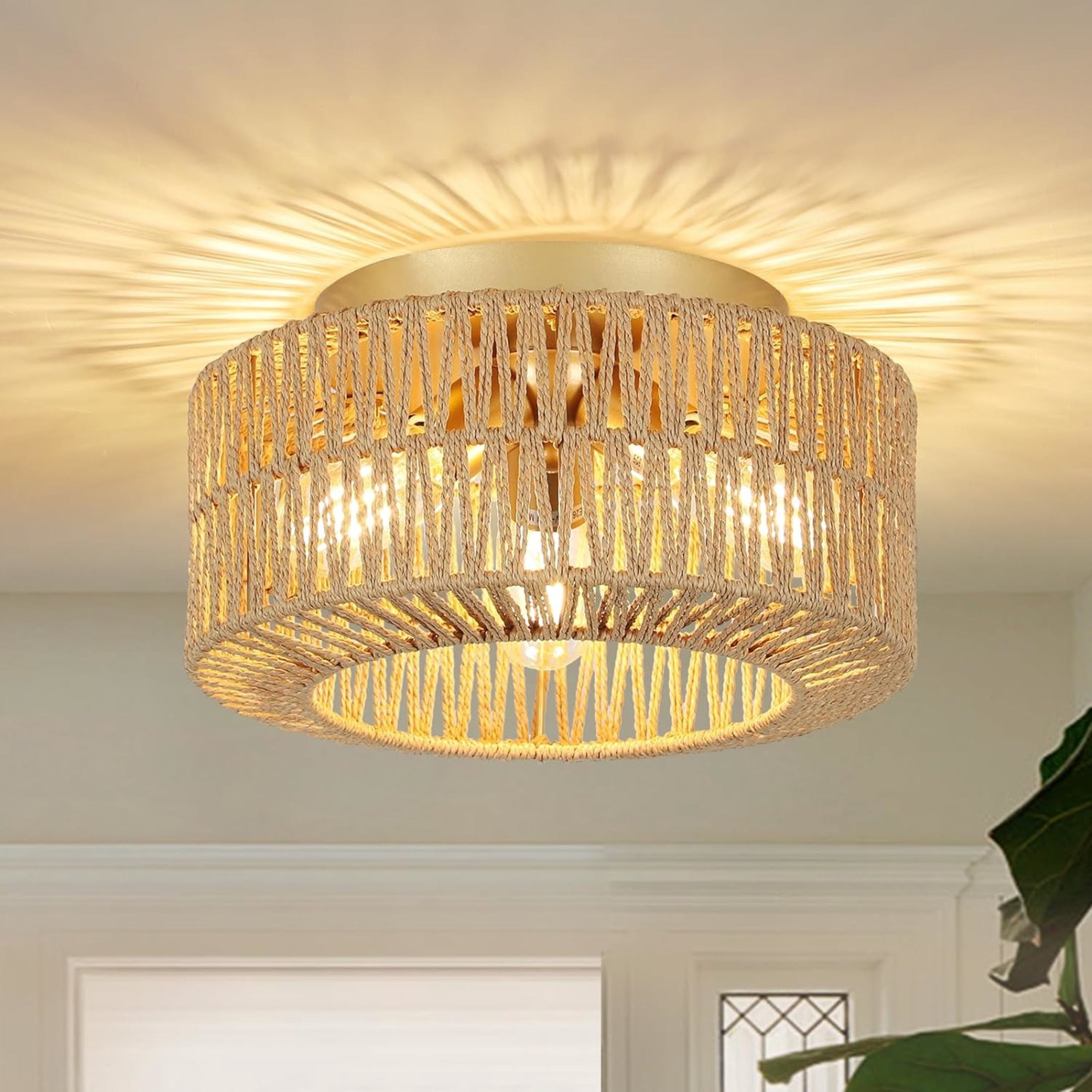 Noble House 12" Boho Rattan Flush Mount Ceiling Light, 3-Light Woven Fixture for Bedroom & Kitchen, Natural and Gold