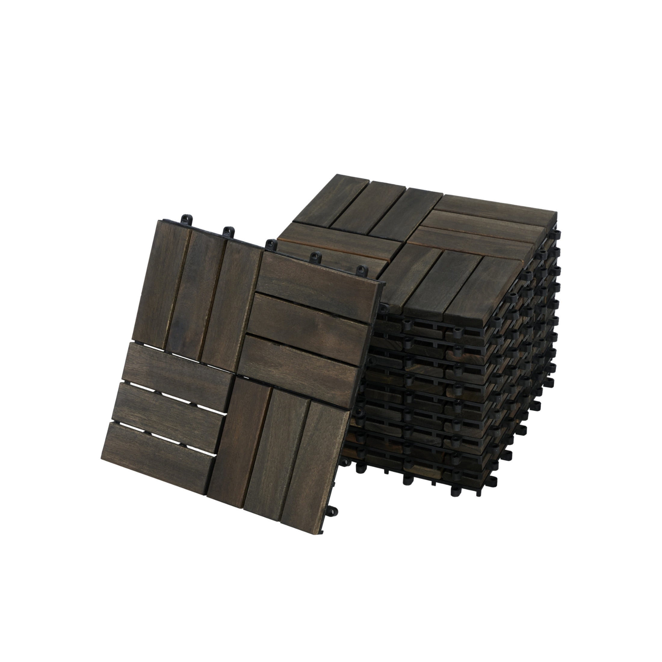 Noble House 12" Checker Acacia Wood Interlocking Deck Tiles, All-Weather Hardwood Patio Flooring, Dark Brown, 10 PCS
