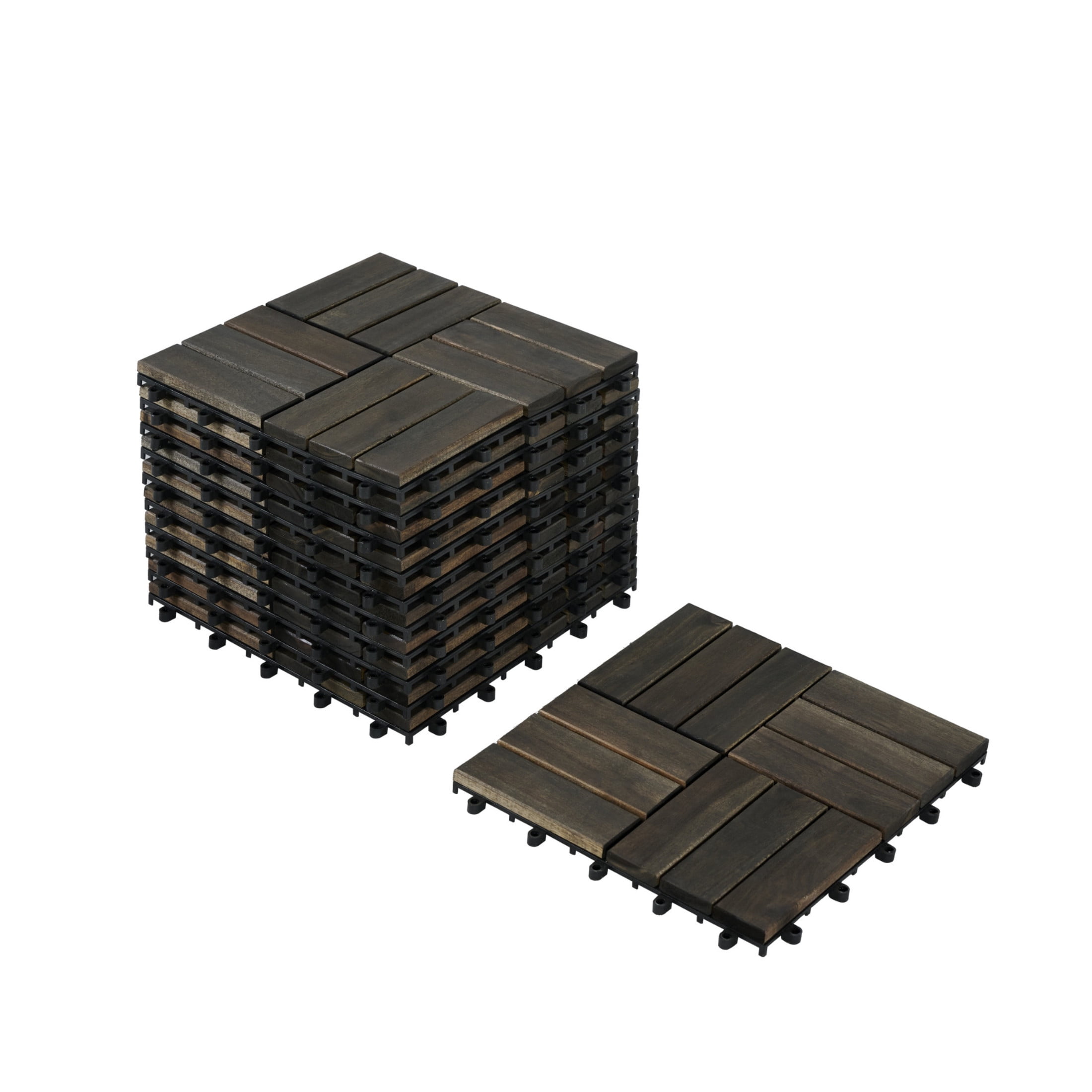 Noble House 12" Checker Acacia Wood Interlocking Deck Tiles, All-Weather Hardwood Patio Flooring, Dark Brown, 30 PCS