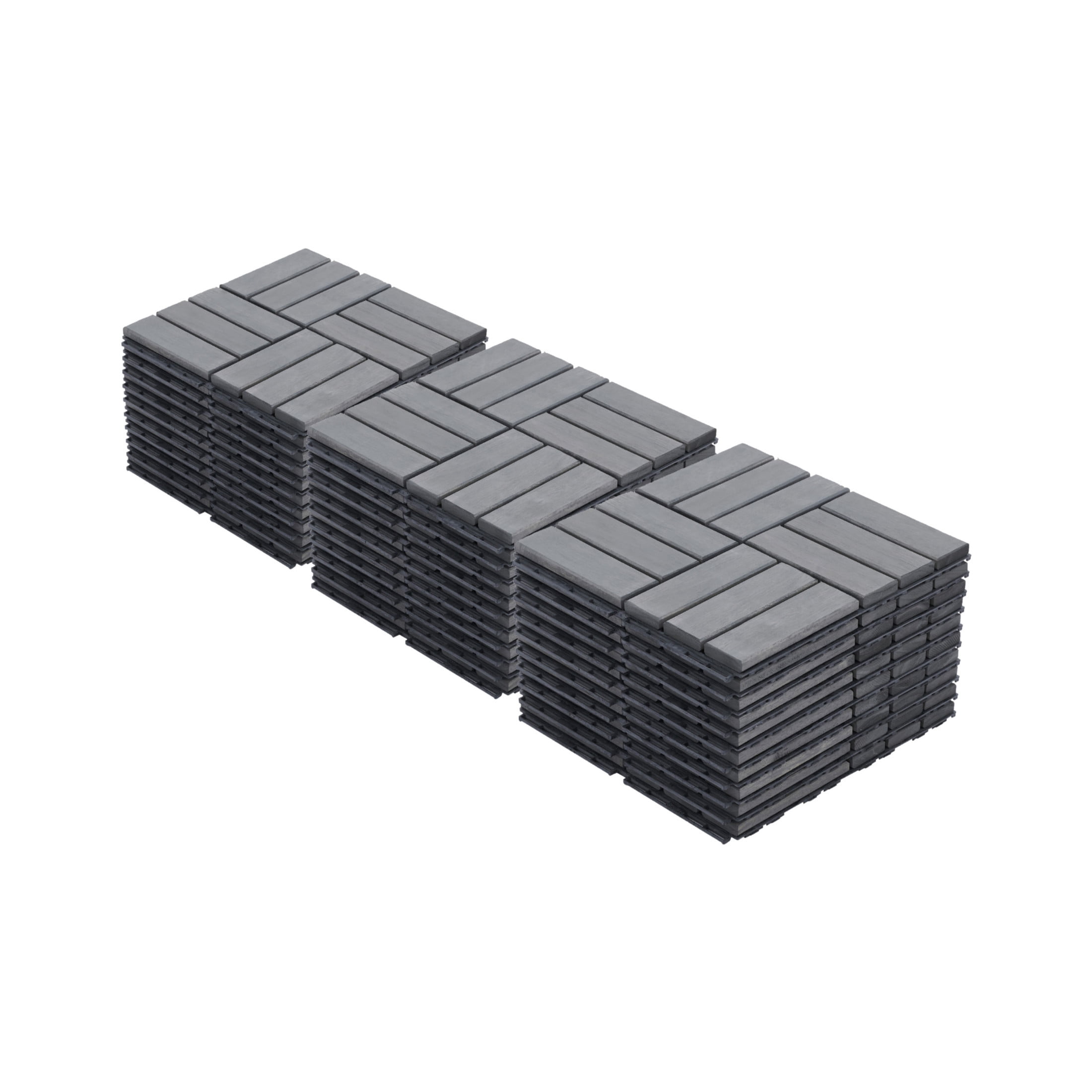 Noble House 12" Checker Acacia Wood Interlocking Deck Tiles, All-Weather Hardwood Patio Flooring, Light Gray, 30 PCS