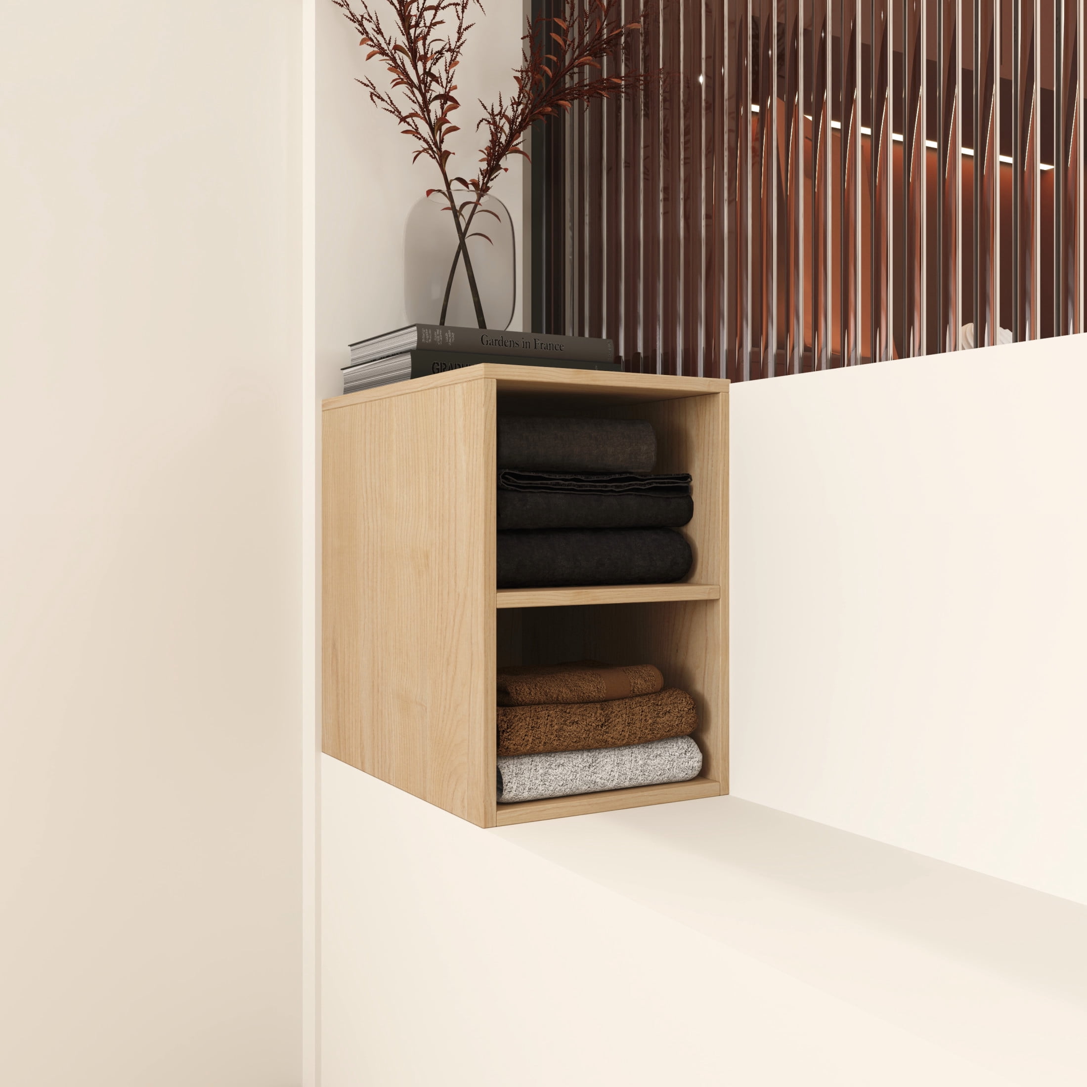 Noble House 12" Floating Wall Storage Shelves, Plywood Adjustable Open Bathroom Shelf, Water-Resistant, Light Oak