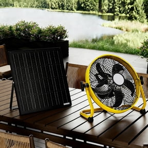 Noble House 12" Solar Rechargeable Floor Fan, 30W Portable Off-Grid Dual Power Fan with 3-Speed Remote, Yellow & Black
