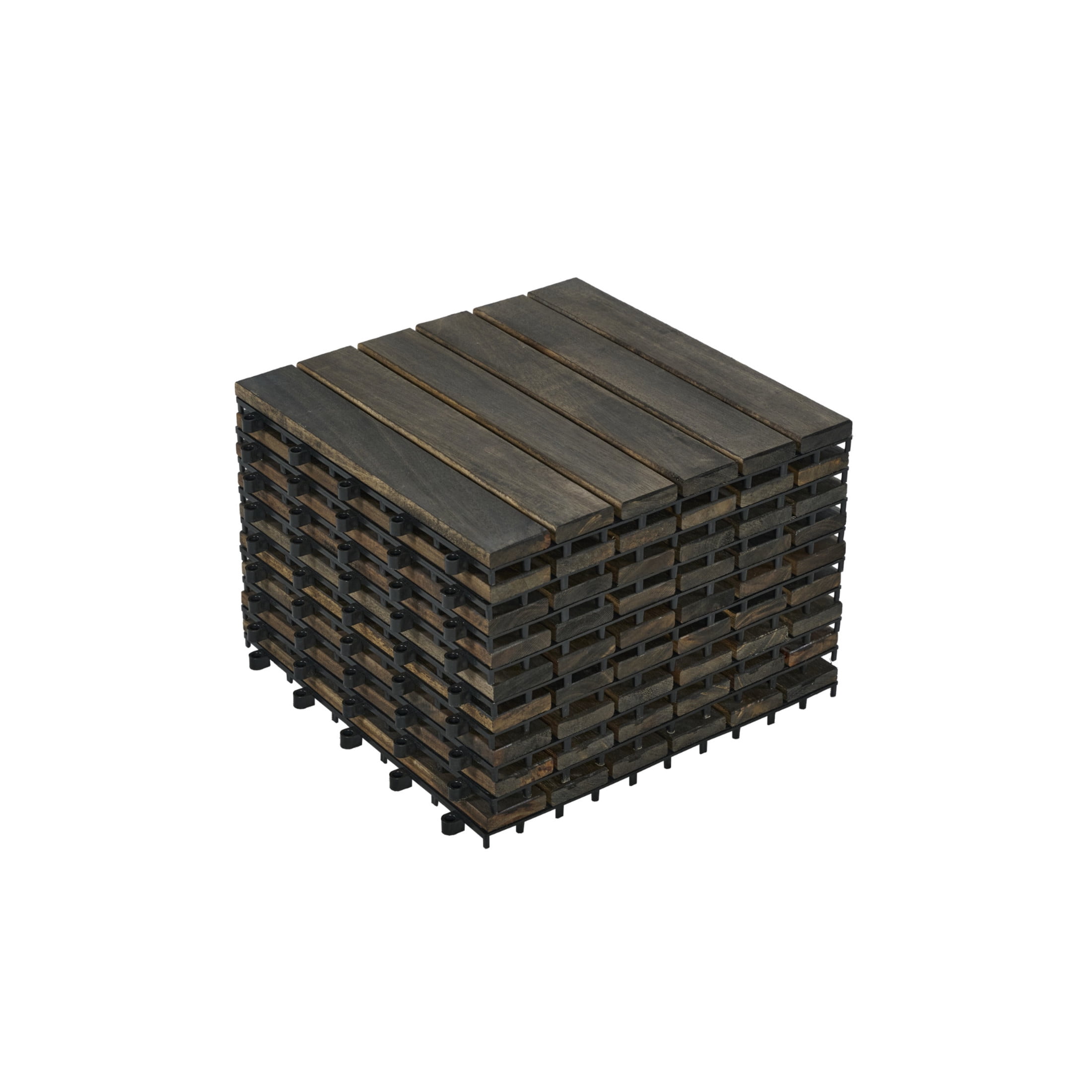 Noble House 12" Striped Acacia Wood Interlocking Square Deck Tiles, Weather Resistant Outdoor Flooring, Dark Brown, 10 PCS