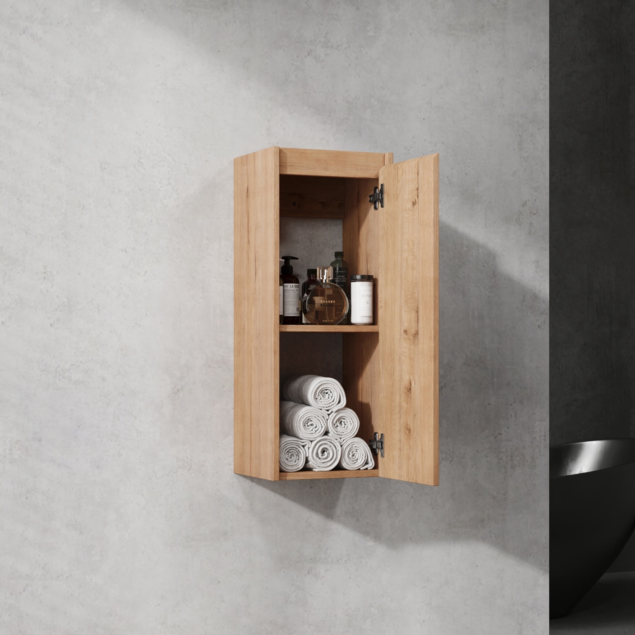 Noble House 12" Wall-Mounted Bathroom Side Cabinet, Plywood Floating Storage, Hidden Handle, Imitative Oak
