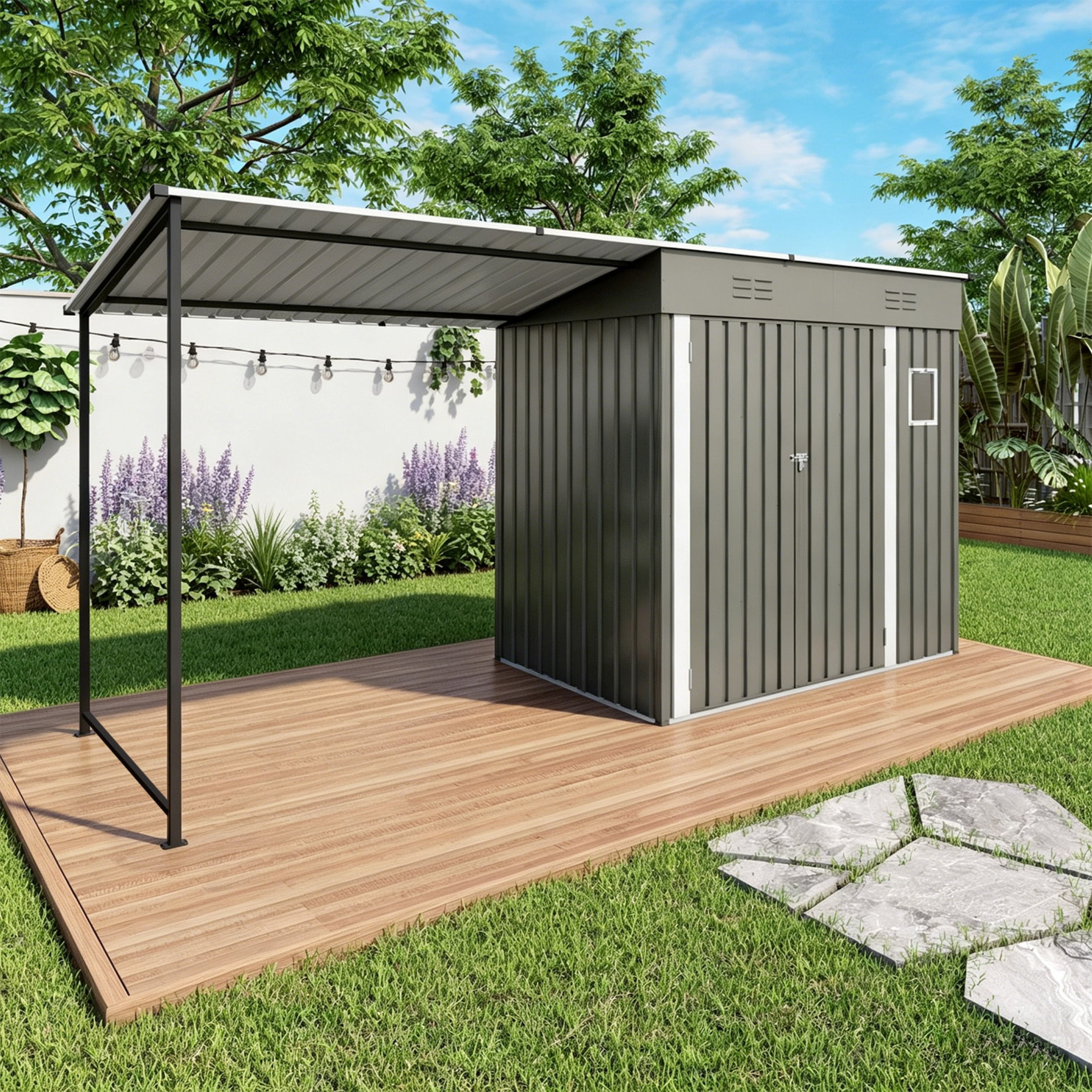 Noble House 12 ft x 4 ft Metal Lean-To Storage Shed with Open-Sided Pergola, Hardtop Roof, Gray