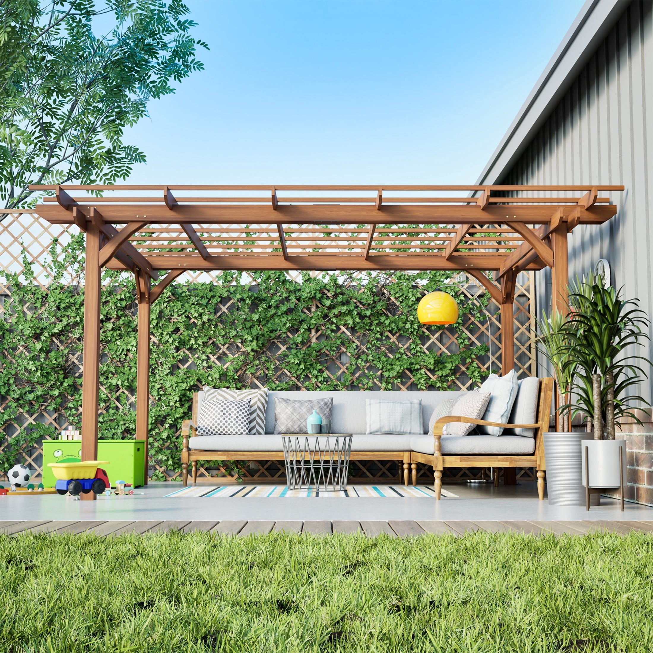 Noble House 12 x 10 FT Outdoor Patio Fir Wood Pergola, Traditional Multi-Layer Roof Trellis for Climbing Plants, Brown