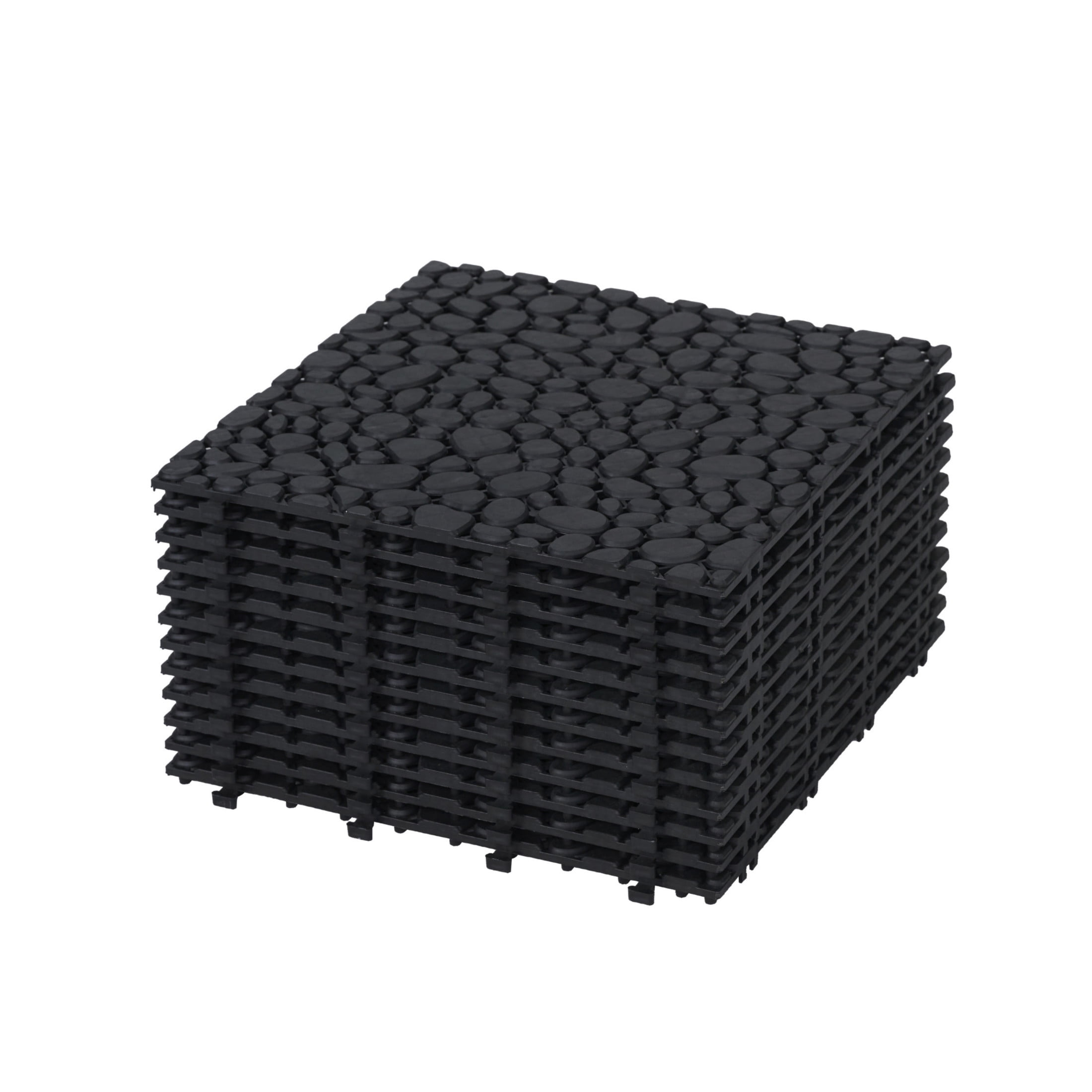 Noble House 12" x 12" Outdoor Anti-slip Interlocking Deck Tiles, Pebble Stone Pattern Waterproof Floor, Black, Set of 12