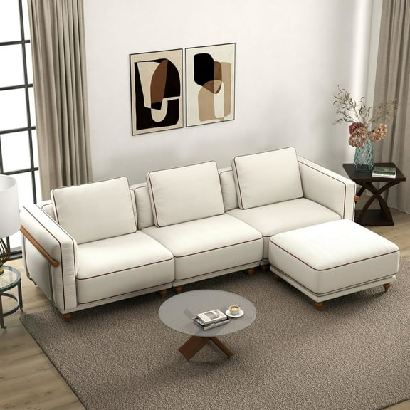 Noble House 121" Modular Sectional Sofa with Ottoman, Luxury Cloud Sofa, Down-Filled Cushions, Ultra-Soft Linen, White