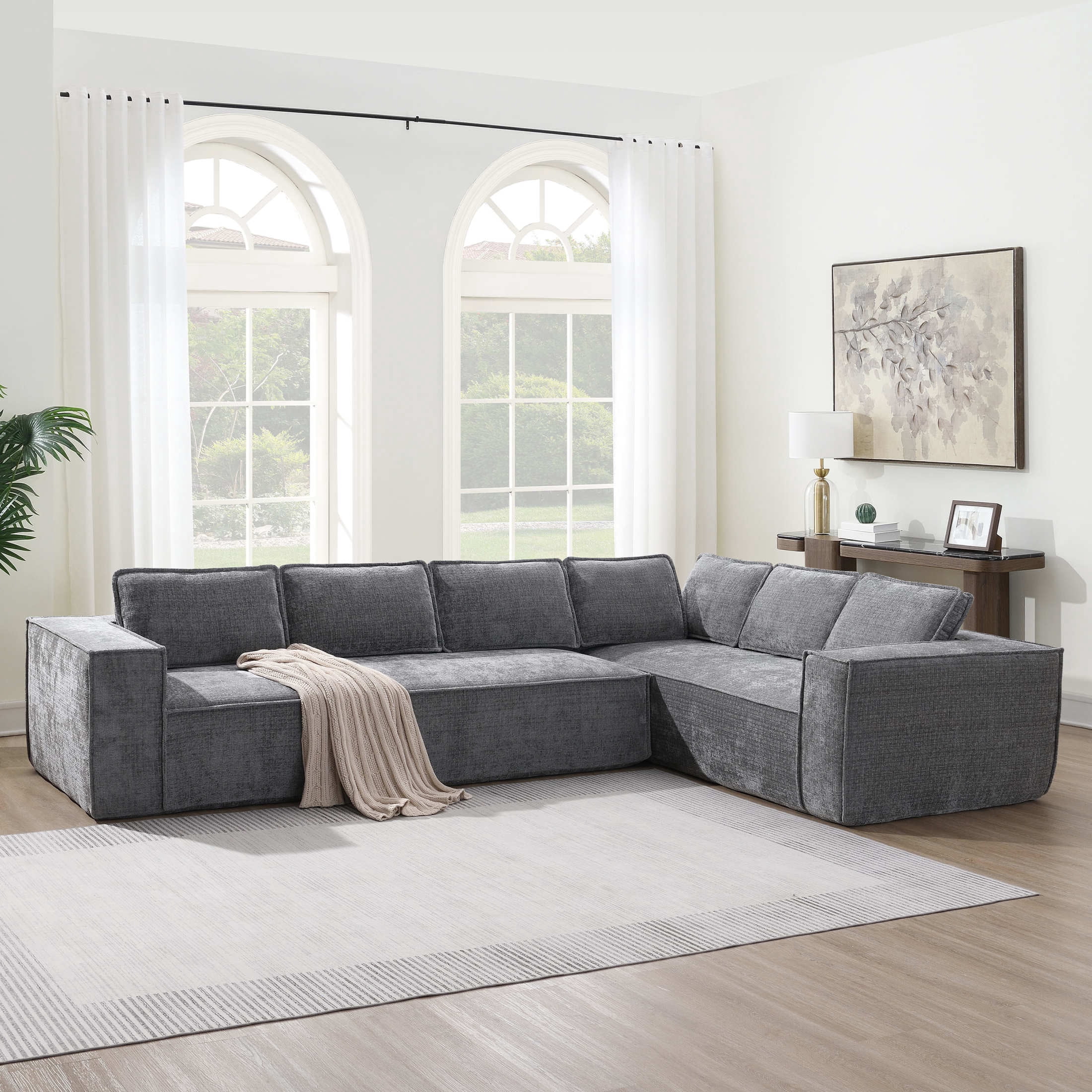 Noble House 129.5" Modular L-Shaped Sectional Sofa, Modern Chenille Cloud Couch Set for Living Room, Gray