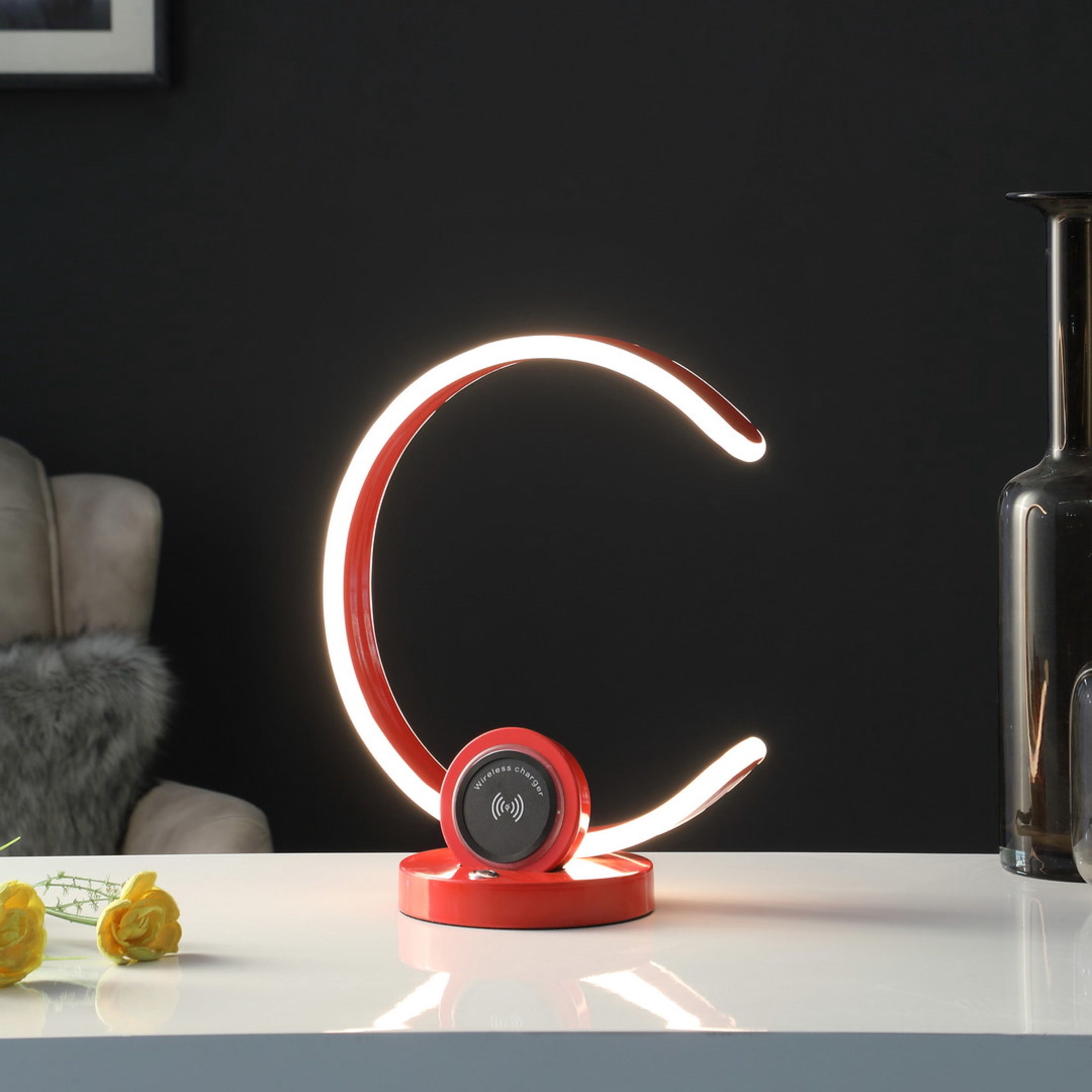 Noble House 13.25" Modern C-Shape LED Metal Table Lamp, Touch Dimmer, USB and Wireless Charger, Bright Red