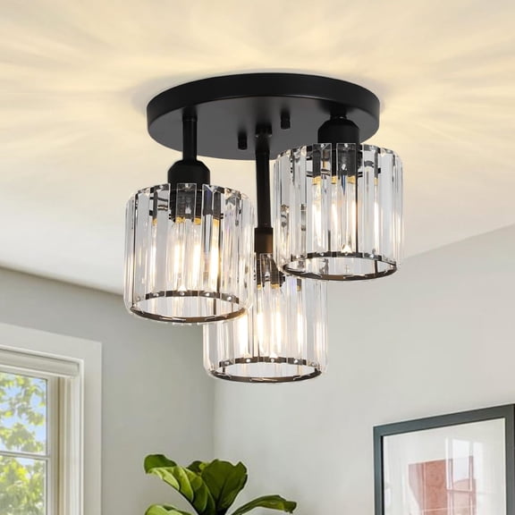 Noble House 13" Crystal Semi-Flush Ceiling Light, Modern Metal Frame, 3-Light E26, Clear Crystal Shade, Black