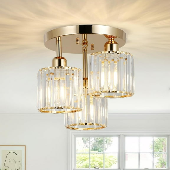 Noble House 13" Crystal Semi-Flush Ceiling Light, Modern Metal Frame, 3-Light E26, Clear Crystal Shade, Gold