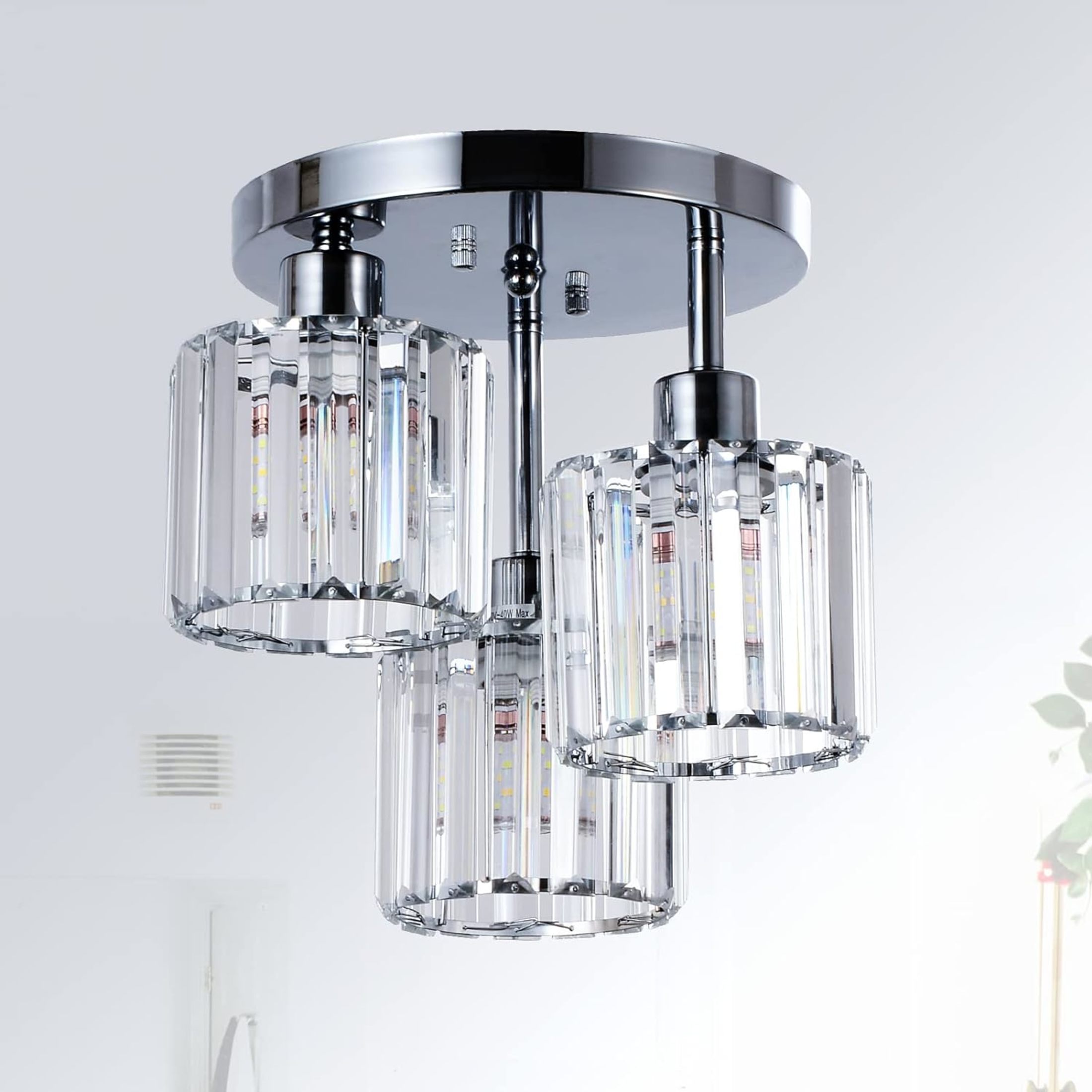 Noble House 13" Crystal Semi-Flush Ceiling Light, Modern Metal Frame, 3-Light E26, Clear Crystal Shade, Silver