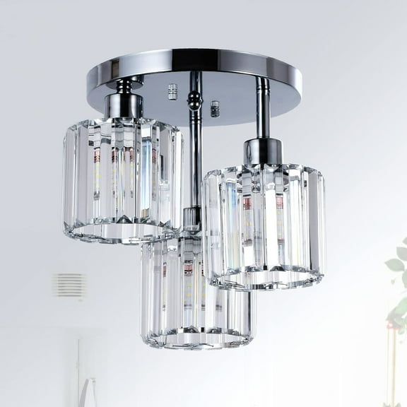 Noble House 13" Crystal Semi-Flush Ceiling Light, Modern Metal Frame, 3-Light E26, Clear Crystal Shade, Silver