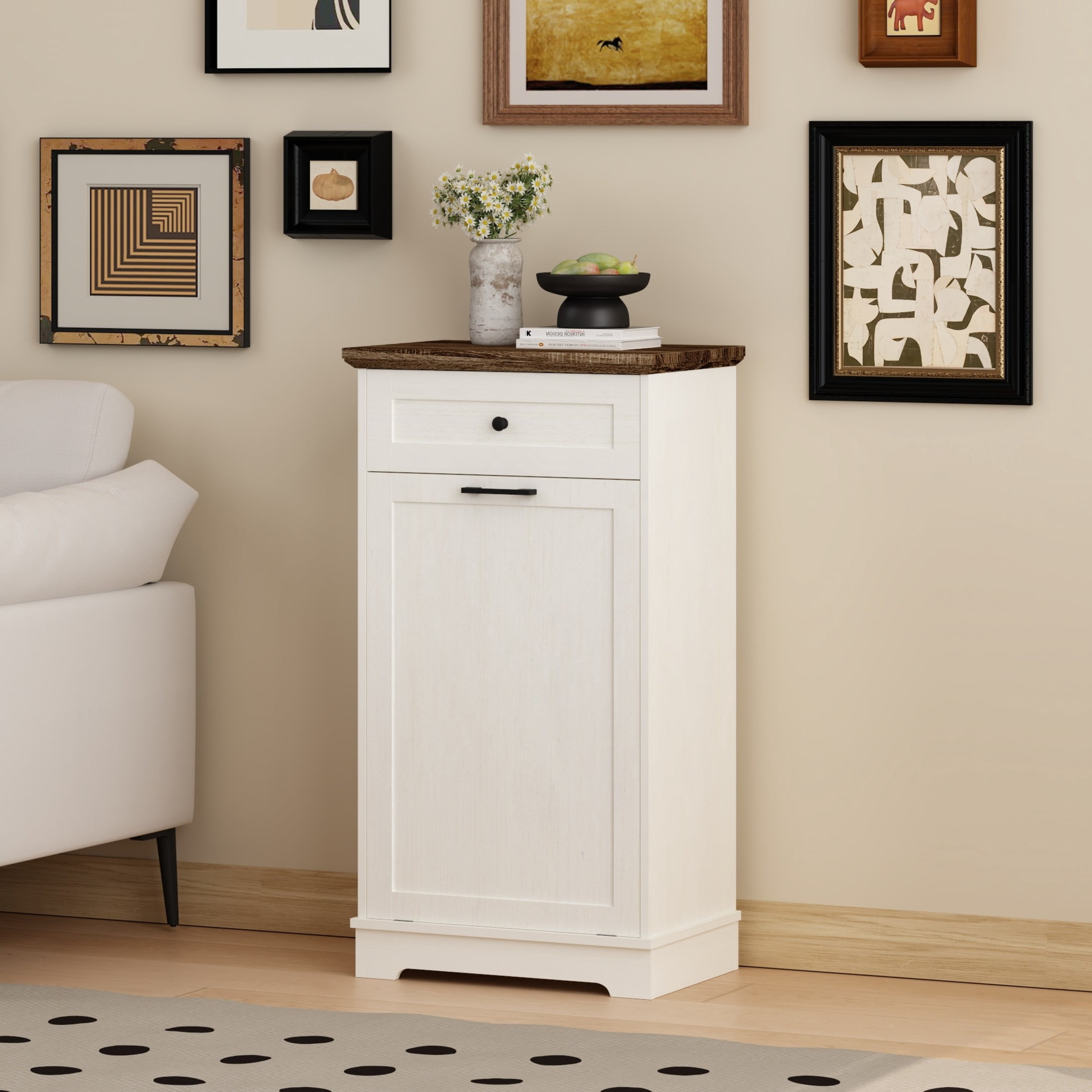 Noble House 13 Gallon Tilt Out Trash Cabinet, Wood Garbage Bin Holder with Drawer, Kitchen Storage, Antique White