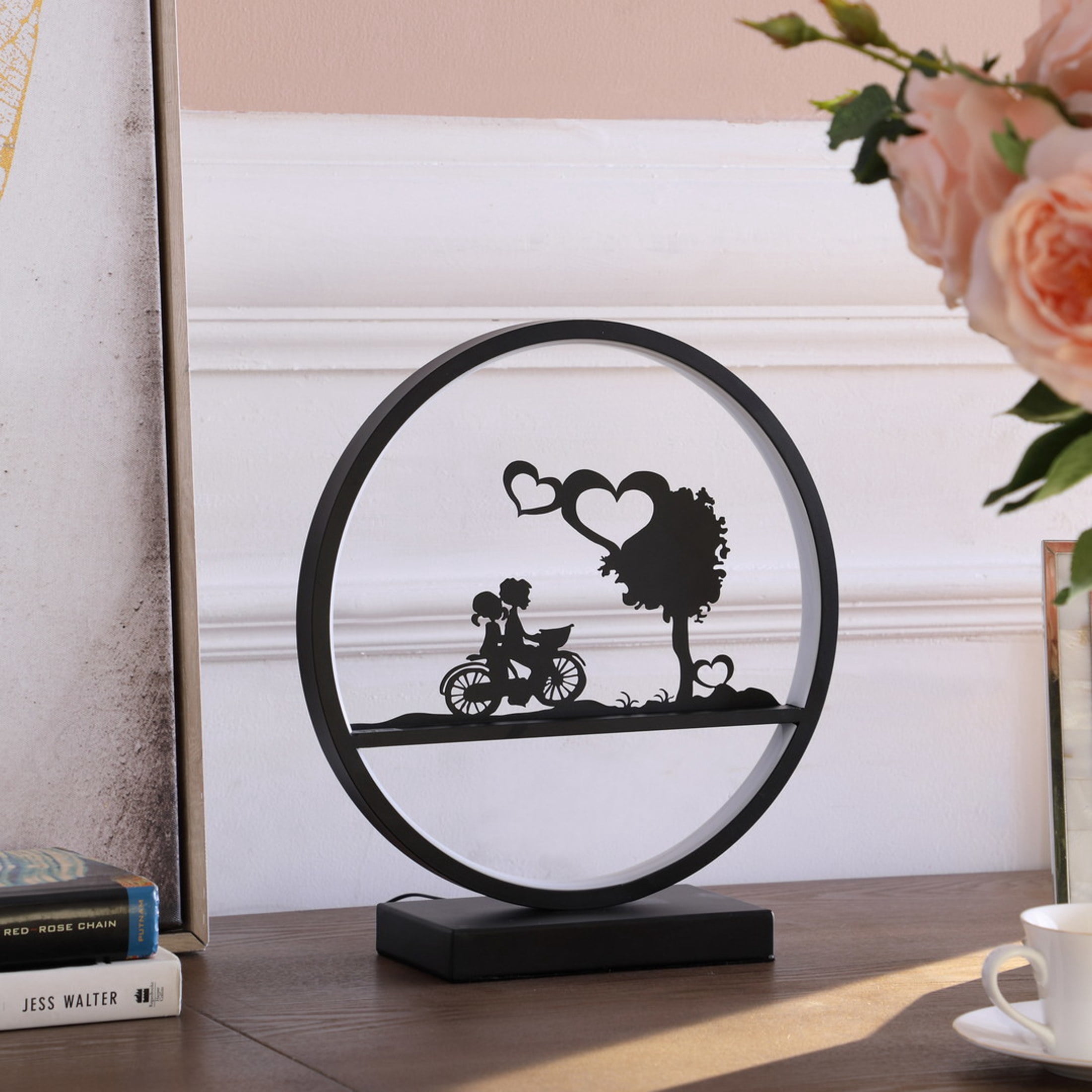 Noble House 13" LED Accent Table Lamp, Girl and Boy on Bicycle, Ring Shape Desk Lamp, Inline Switch, Matte Black