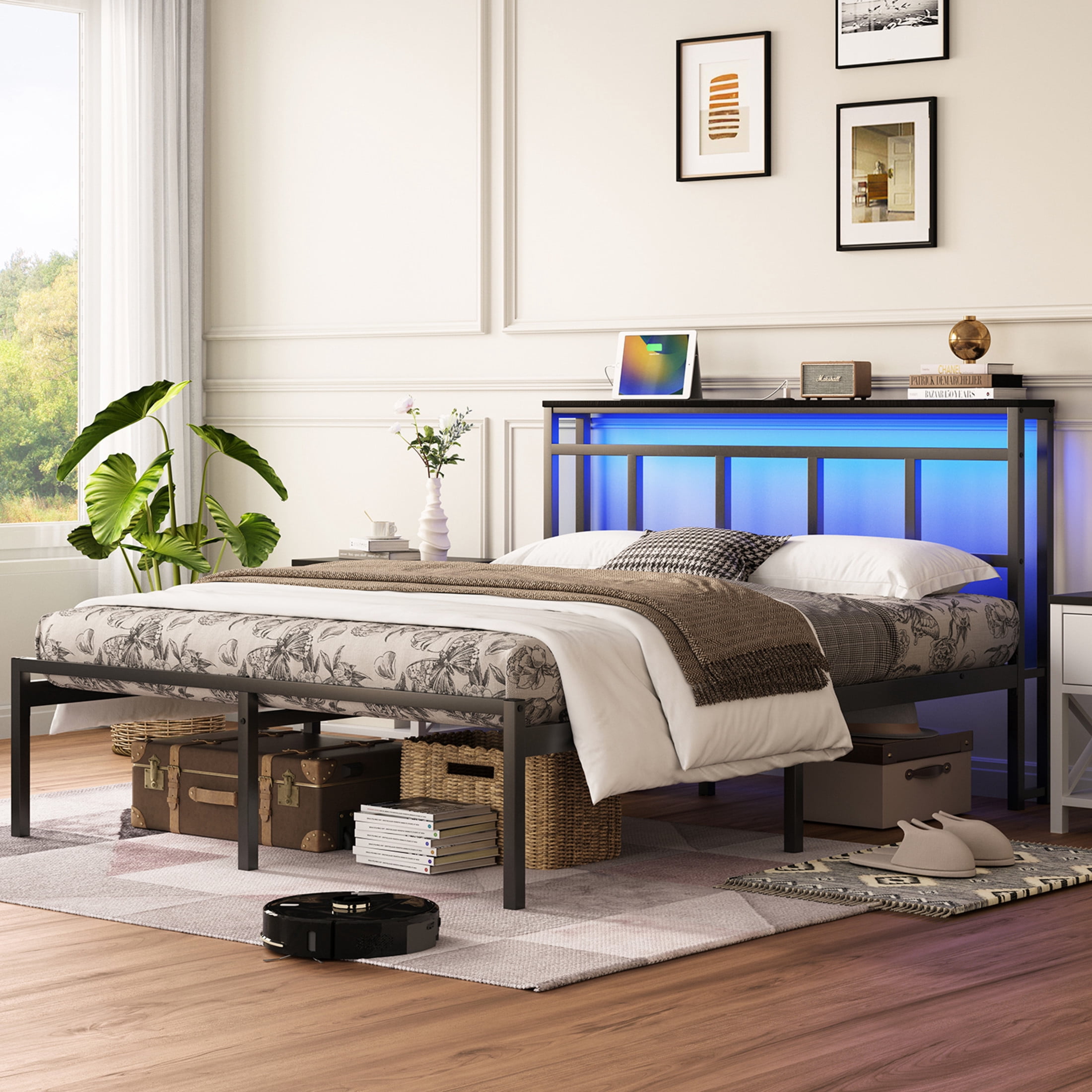 Noble House 14" Queen Bed Frame with Storage Headboard and LED Lights, Metal Platform Bed with Charging Station, Black