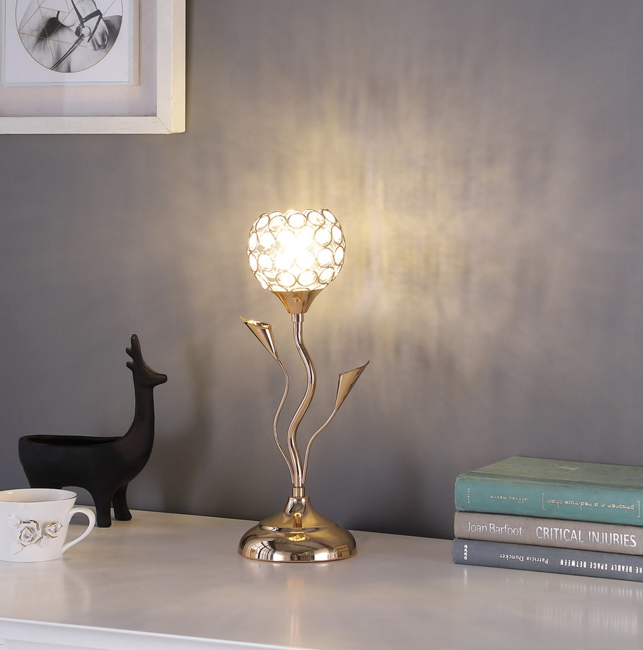 Noble House 14" Rose Floral Bell Table Lamp, Wire Cage Shade, G9 Light Bulb, Compact Glam, Rose Gold