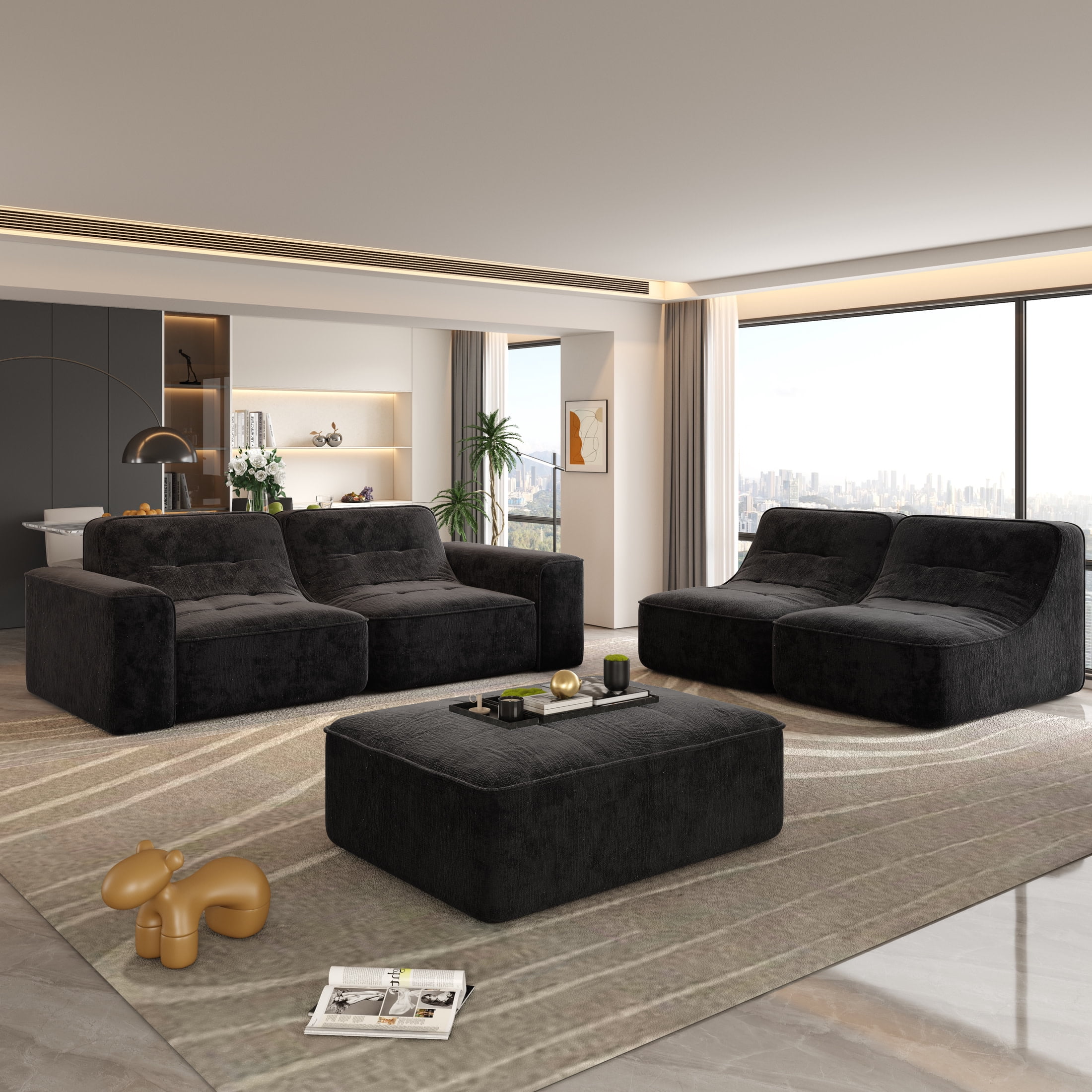 Noble House 144" Modular Sectional Sofa, Tufted Sparkling Chenille Deep Seat Couch with Ottoman, Accent Chair, Black