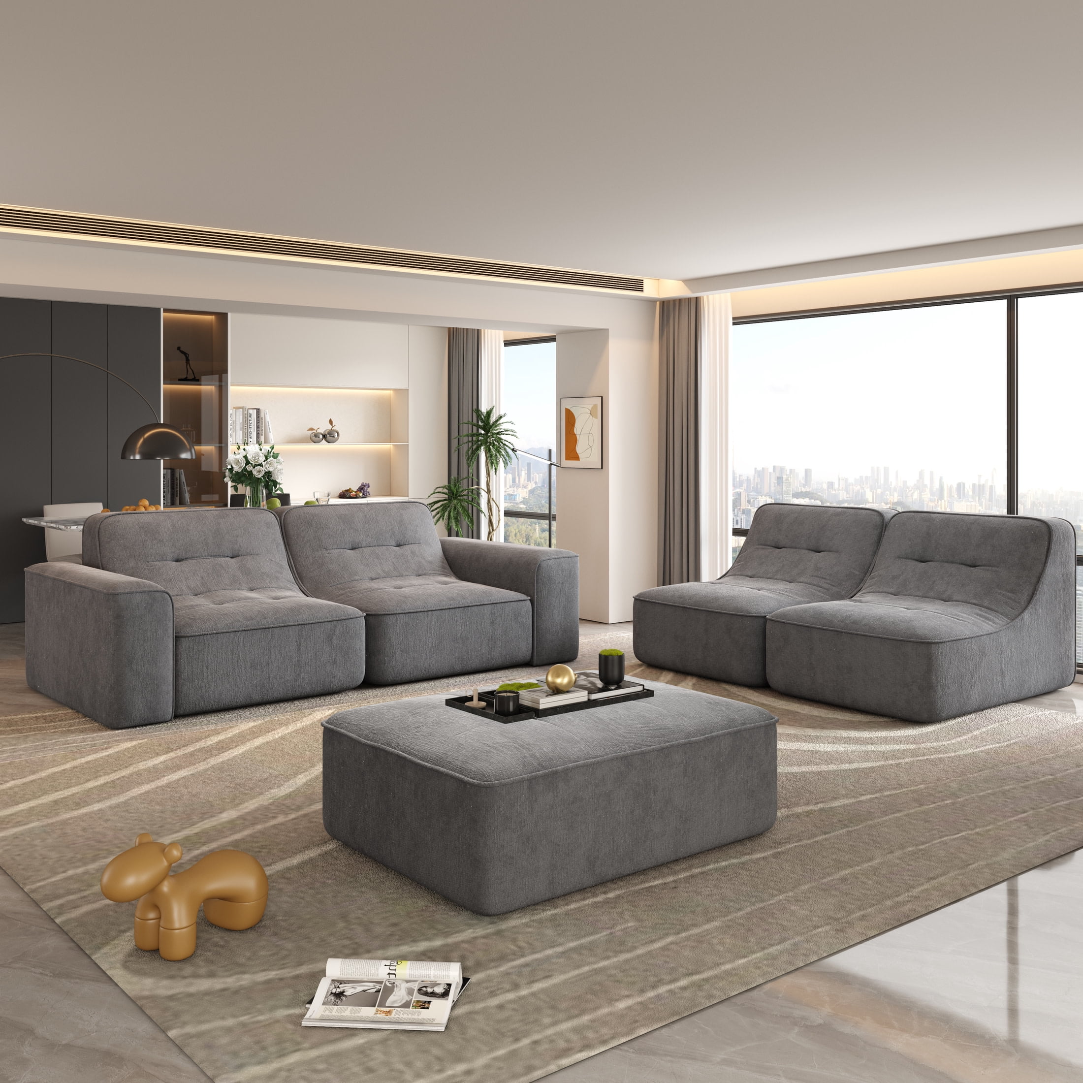 Noble House 144" Modular Sectional Sofa, Tufted Sparkling Chenille Deep Seat Couch with Ottoman, Accent Chair, Gray
