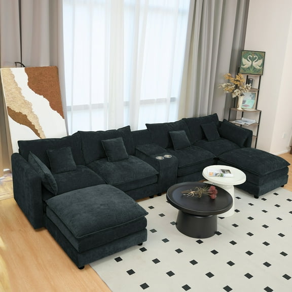 Noble House 144" U-Shaped Modular Cloud Sectional, Chenille Couch with Movable Ottoman, Storage & Cup Holders, Black