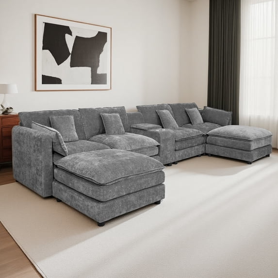 Noble House 144" U-Shaped Modular Cloud Sectional, Chenille Couch with Movable Ottoman, Storage & Cup Holders, Gray