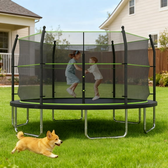 Noble House 14FT Outdoor Backyard Trampoline, Rust-Resistant Metal Frame, Enclosure Net with Ladder, Black & Green