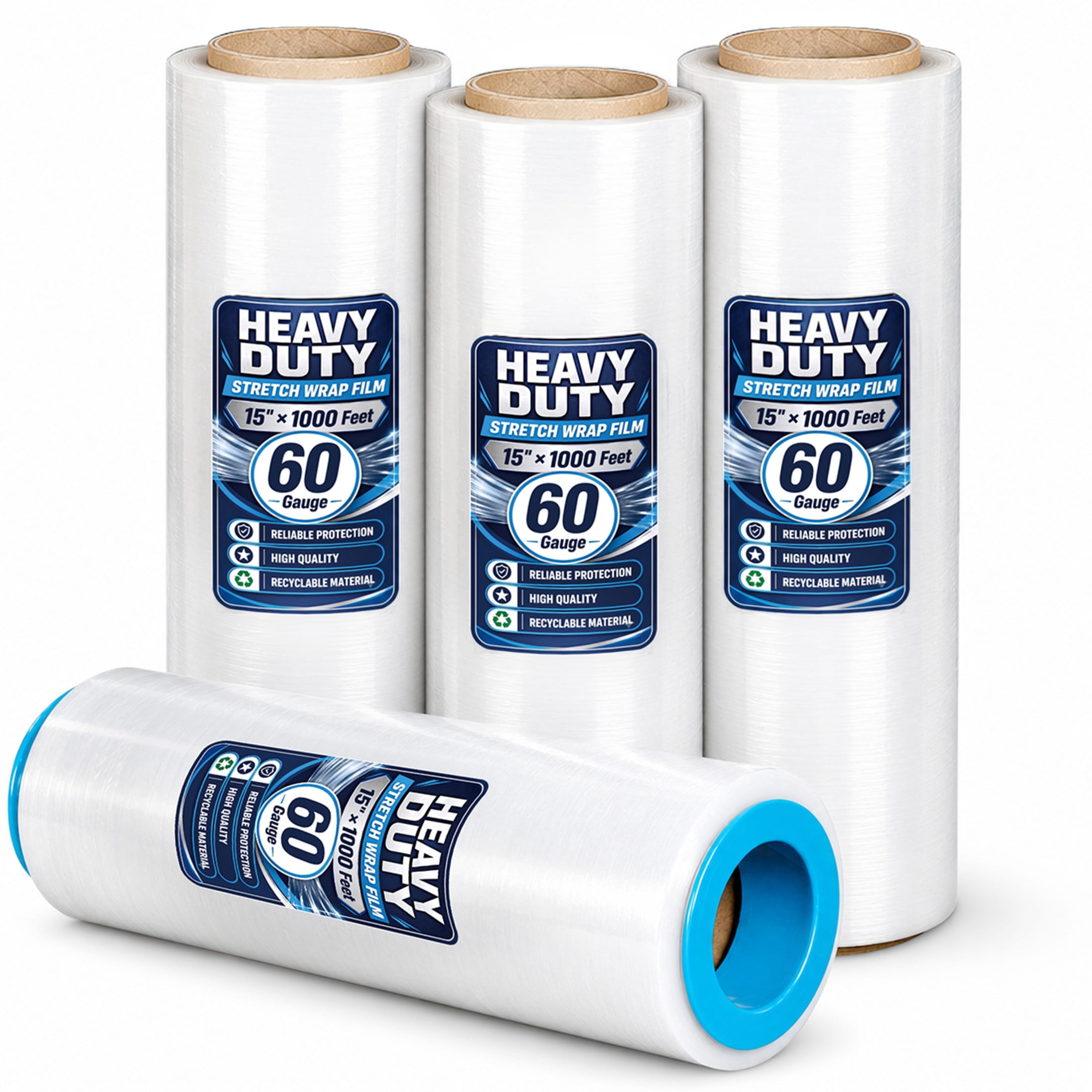 Noble House 15" x 1000FT Industrial Strength Clear Stretch Wrap Film Roll with Handles for Pallet Wrapping, 60 Gauge, 4 Pack