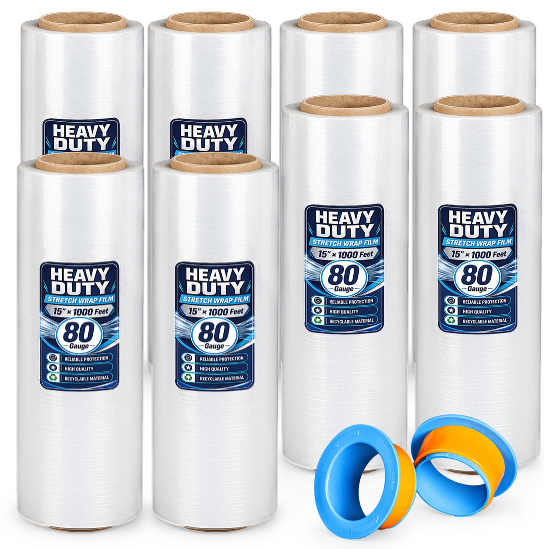 Noble House 15" x 1000FT Industrial Strength Clear Stretch Wrap Film Roll with Handles for Pallet Wrapping, 80 Gauge, 8 Pack