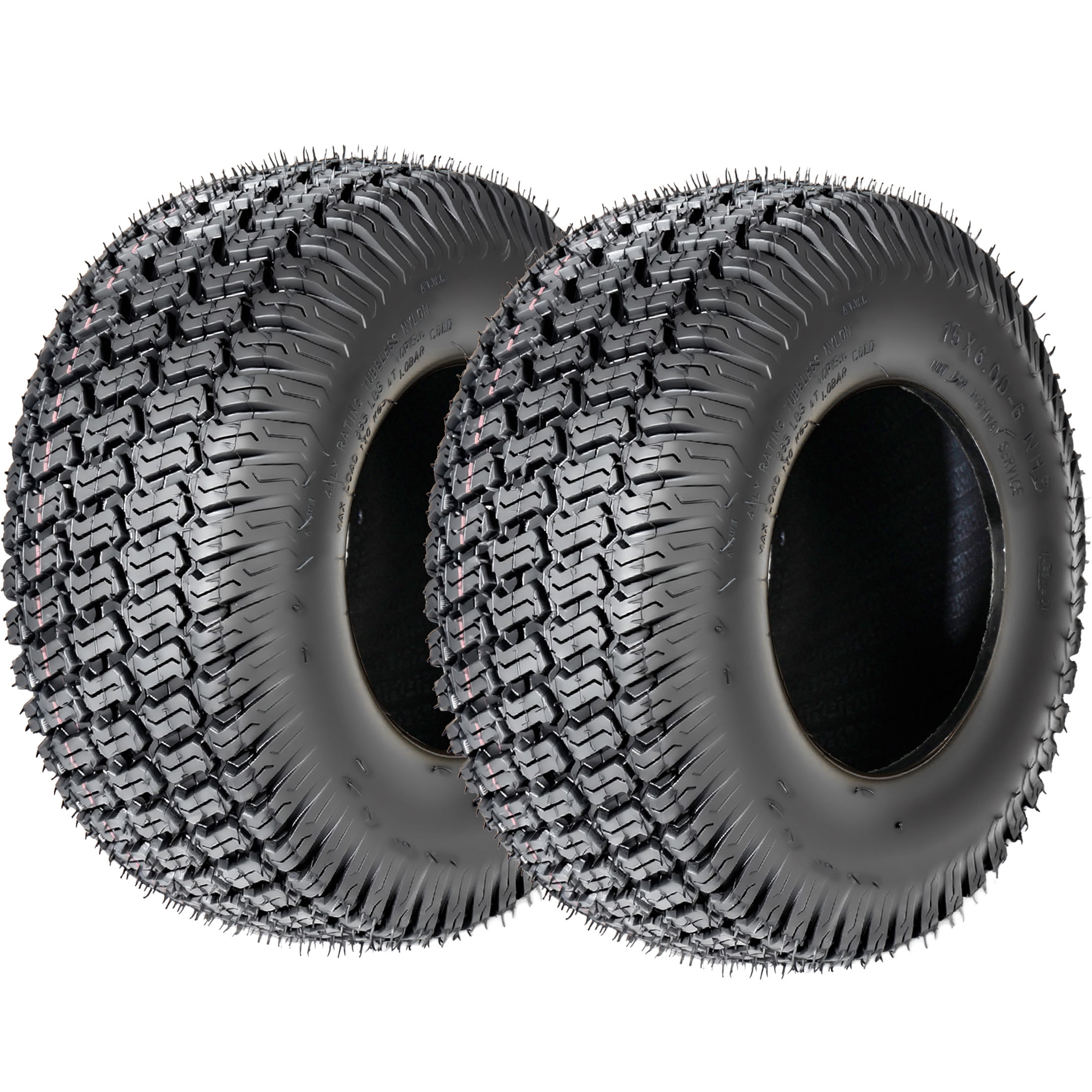 Noble House 15" x 6" 4-Ply Tubeless Turf Tread Lawn Mower Tires, Heavy Duty for Large Garden Tractors, Black, Set of 2