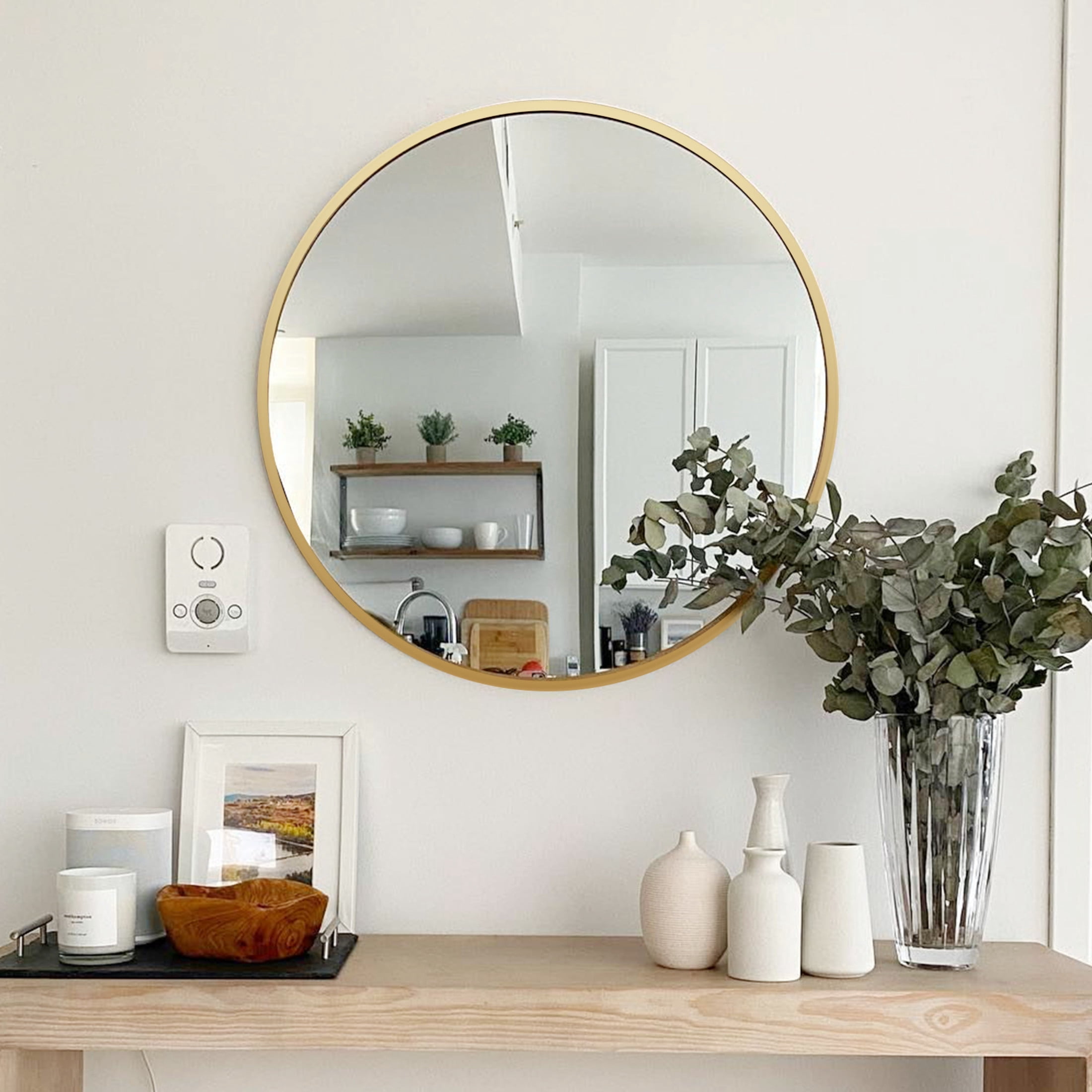 Noble House 16" Round Bathroom Wall Mirror, Aluminum Alloy Frame, HD Shatterproof Glass, Gold