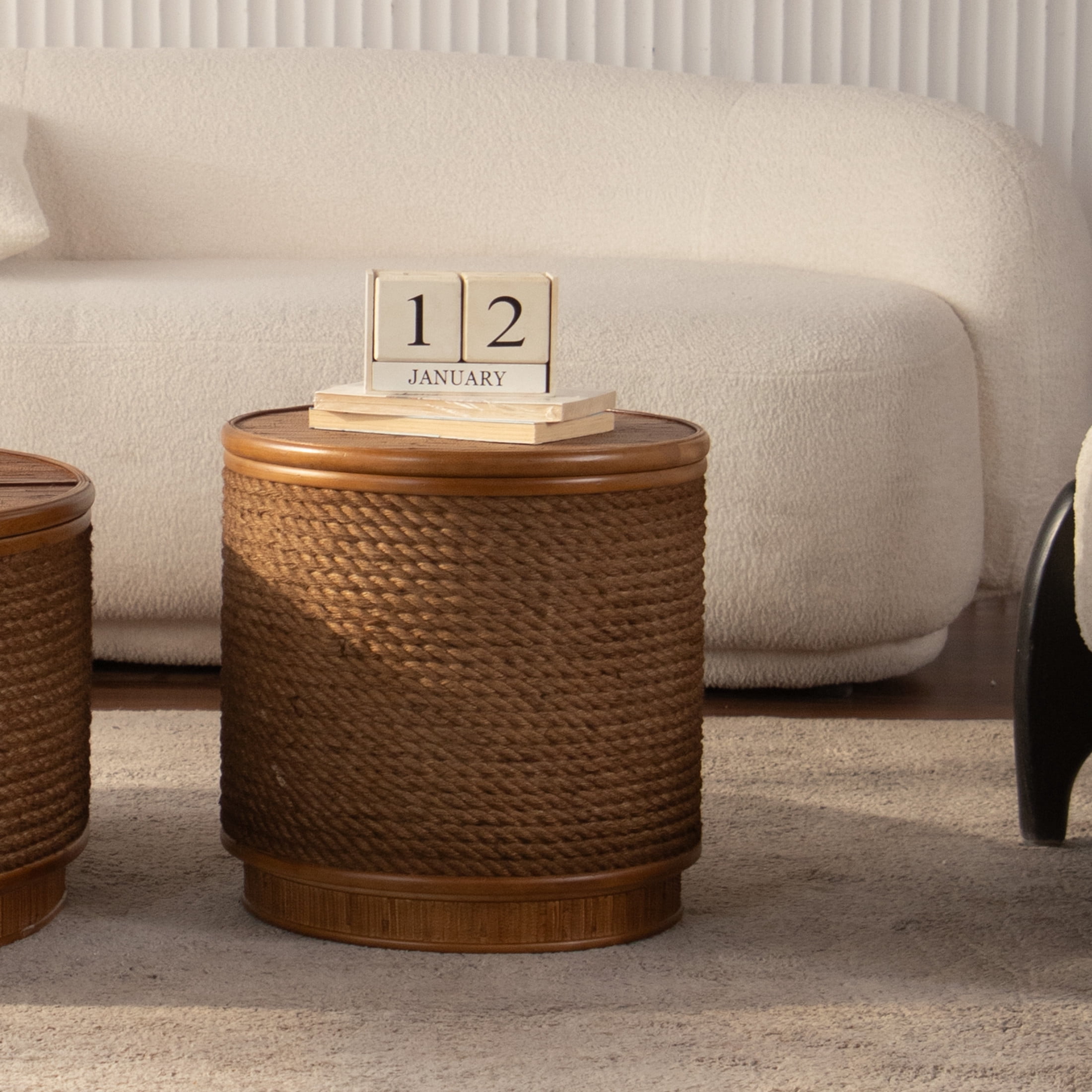 Noble House 16" Round Rattan Storage Coffee Table with Lift-Off Lid and Hand-Woven Rope Trim, Boho-Chic, Natural Wood