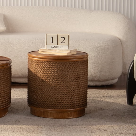 Noble House 16" Round Rattan Storage Coffee Table with Lift-Off Lid and Hand-Woven Rope Trim, Boho-Chic, Natural Wood