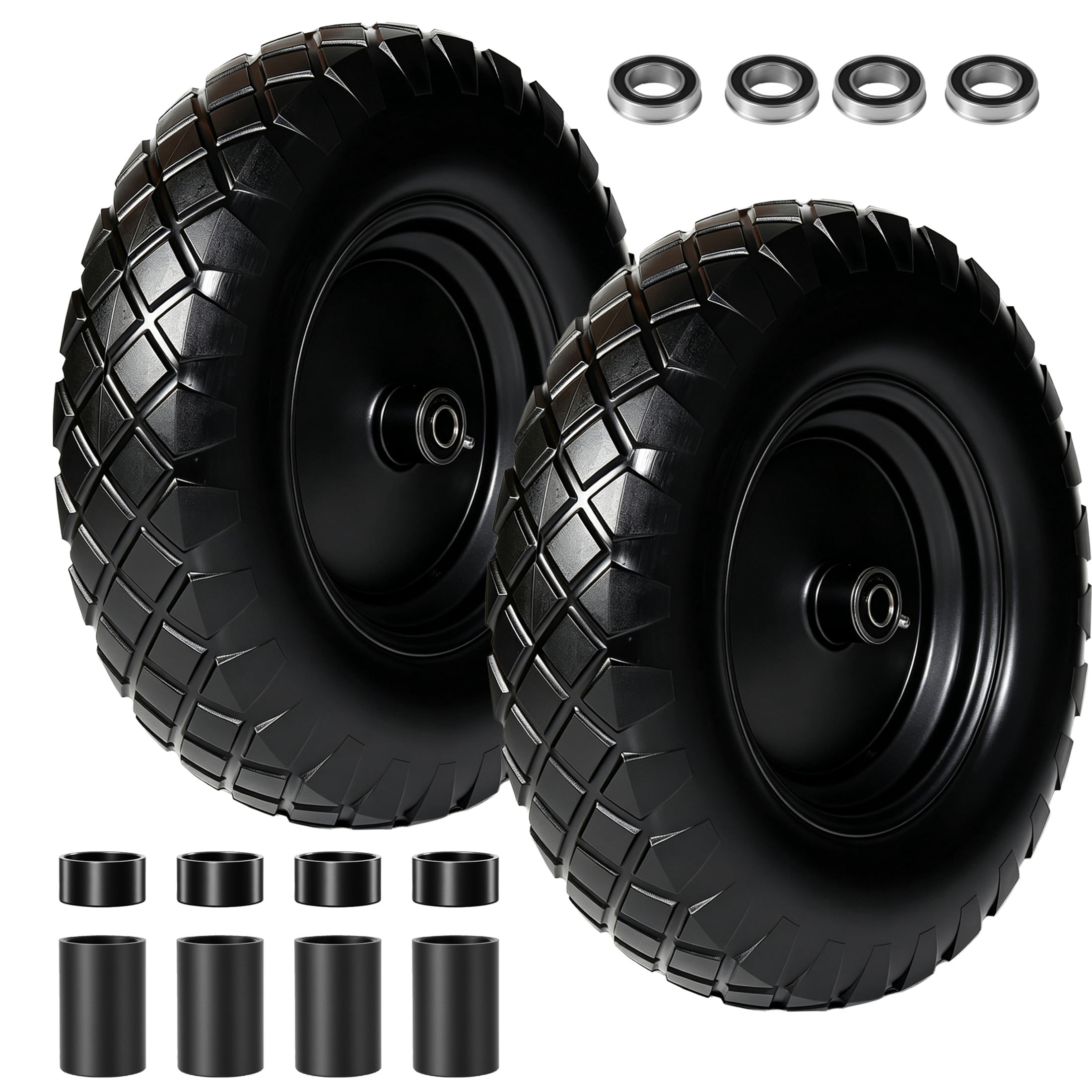 Noble House 16" x 3.5" Flat-Free Solid Wheelbarrow Tires & Wheels with 3" Center Hub for Garden Cart, Black, Set of 2