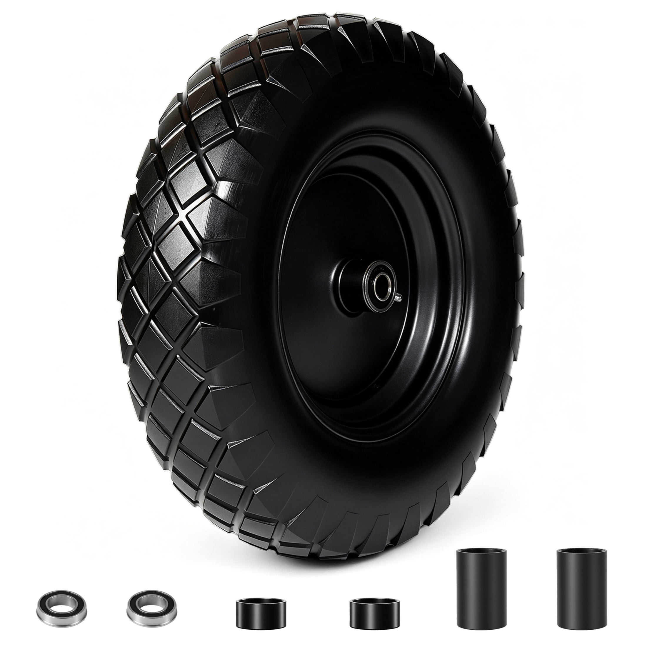 Noble House 16" x 3.5" Flat-Free Solid Wheelbarrow Tires & Wheels with 3" Center Hub for Garden Cart, Black