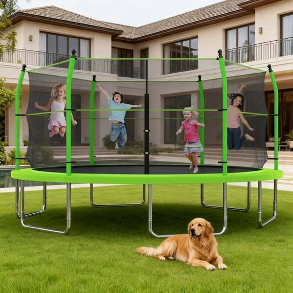Noble House 16FT Outdoor Heavy-Duty Trampoline, Rust-Resistant Frame, Enclosure Net with Ladder, Black & Green