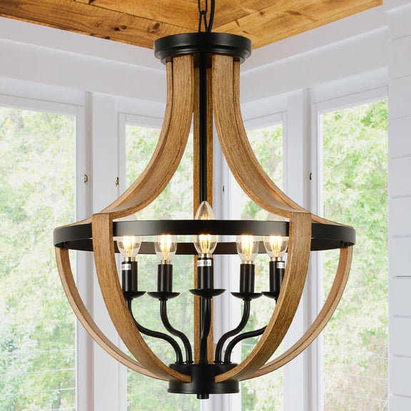 Noble House 17.7" 5-Light Farmhouse Wood Geometric Chandelier, Rustic Dining Room and Foyer Pendant Light, Brown
