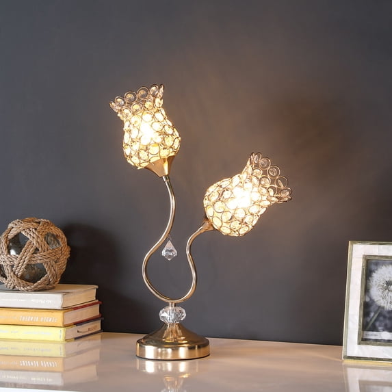 Noble House 18.75" 2-Floral Trumpet Table Lamp, Wire Cage Shades, E12 Candelabra Bulbs, Glam Metal, Rose Gold