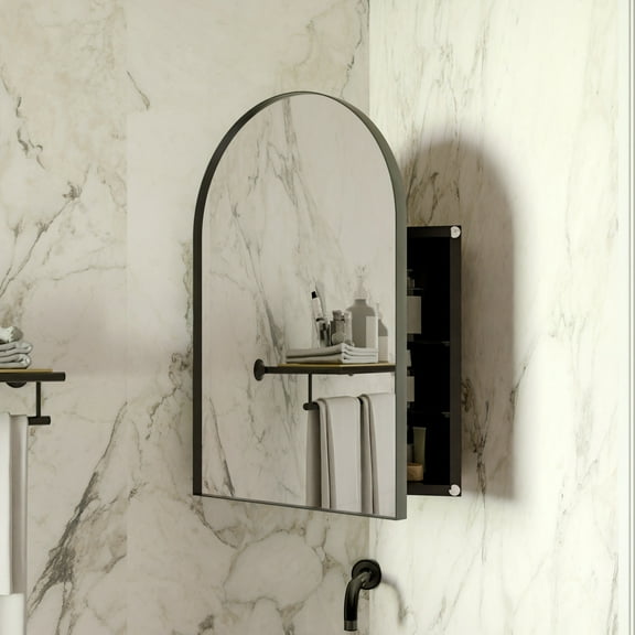 Noble House 18" Corner Medicine Cabinet, Arched Mirror, Metal Frame, Adjustable Glass Shelves, for Small Spaces, Black