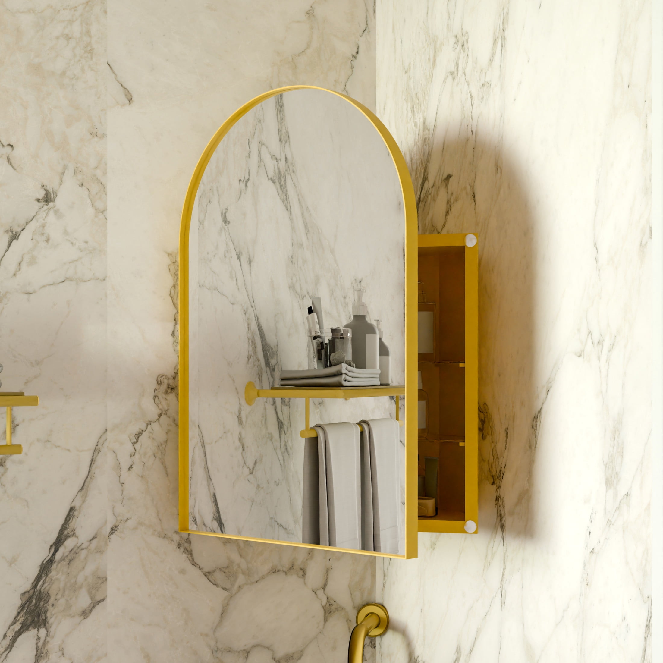 Noble House 18" Corner Medicine Cabinet, Arched Mirror, Metal Frame, Adjustable Glass Shelves, for Small Spaces, Golden