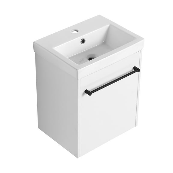 Noble House 18" Floating Bathroom Vanity, Ceramic Sink, Plywood Soft-Close Door, Small Bath Storage, Glossy White
