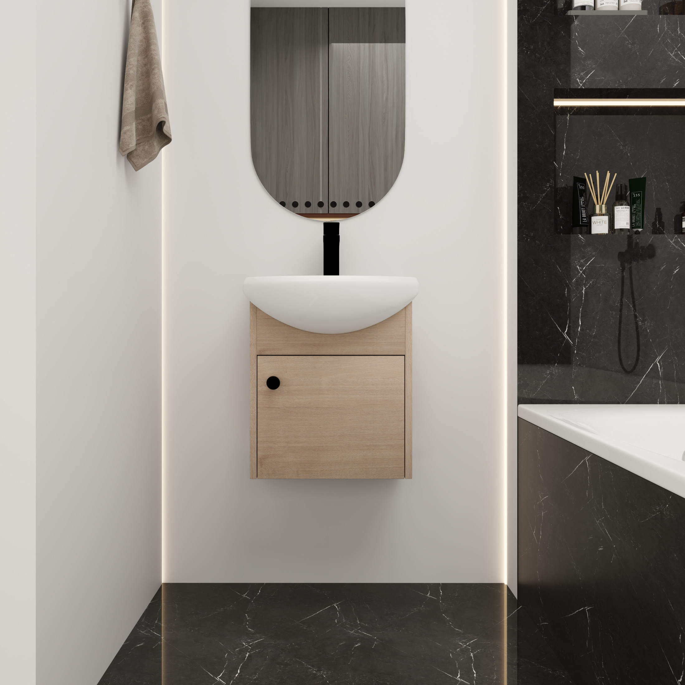 Noble House 18" Floating Bathroom Vanity, Ceramic Sink, Plywood Soft-Close Door, Wall-Mounting, Plain Light Oak