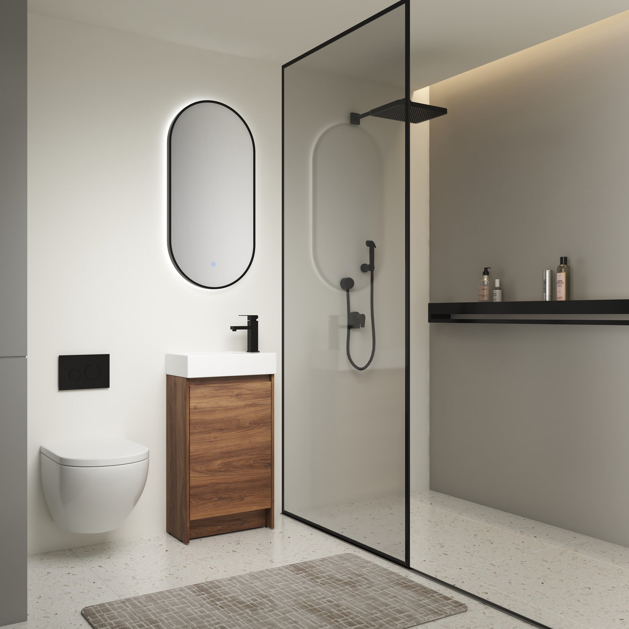 Noble House 18" Slim Freestanding Bathroom Vanity, Ceramic Sink, Soft-Close Door, Small Wall-Mount, Brown Ebony