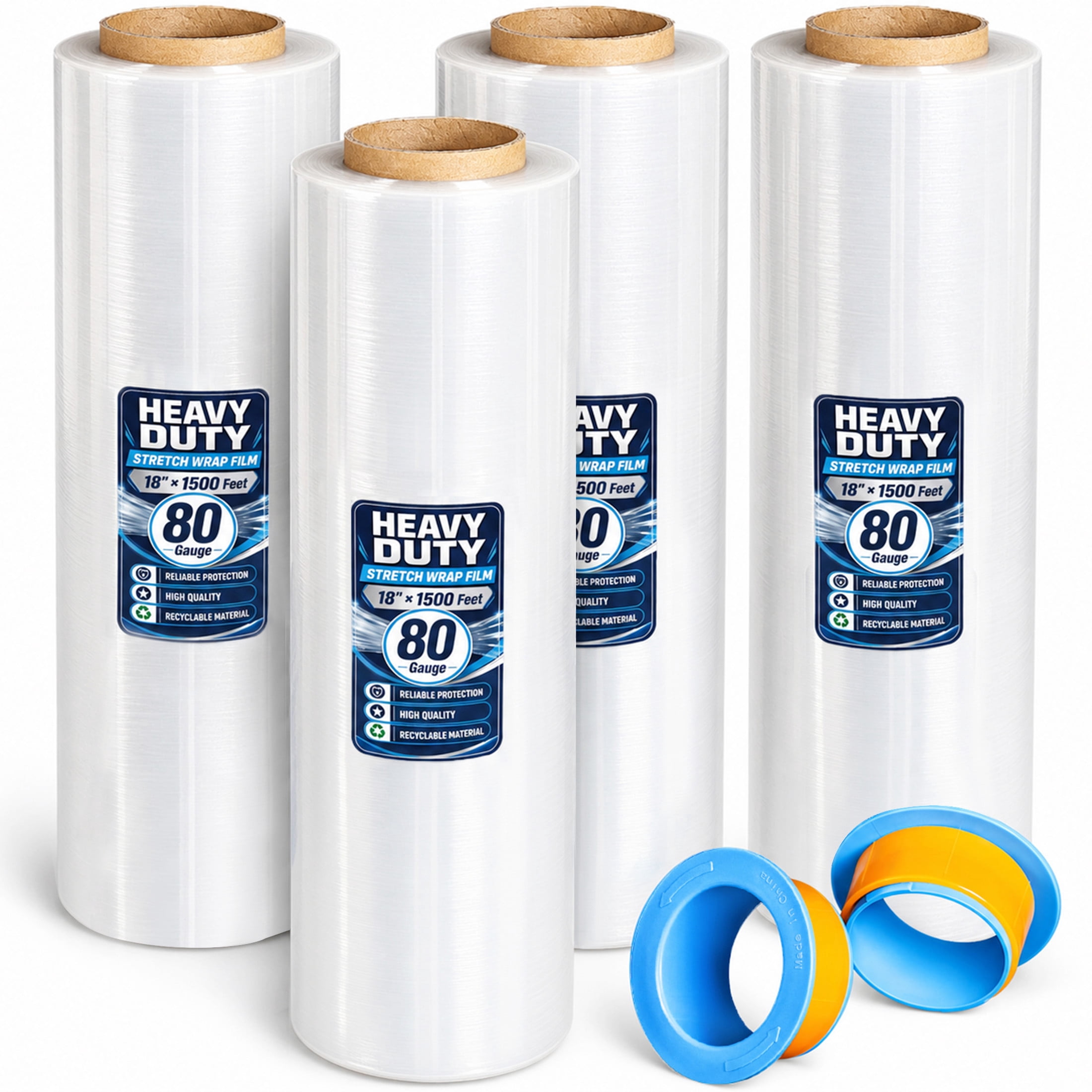 Noble House 18" x 1500FT Industrial Strength Clear Stretch Wrap Film Roll with Handles for Pallet Wrapping, 80 Gauge, 4 Pack